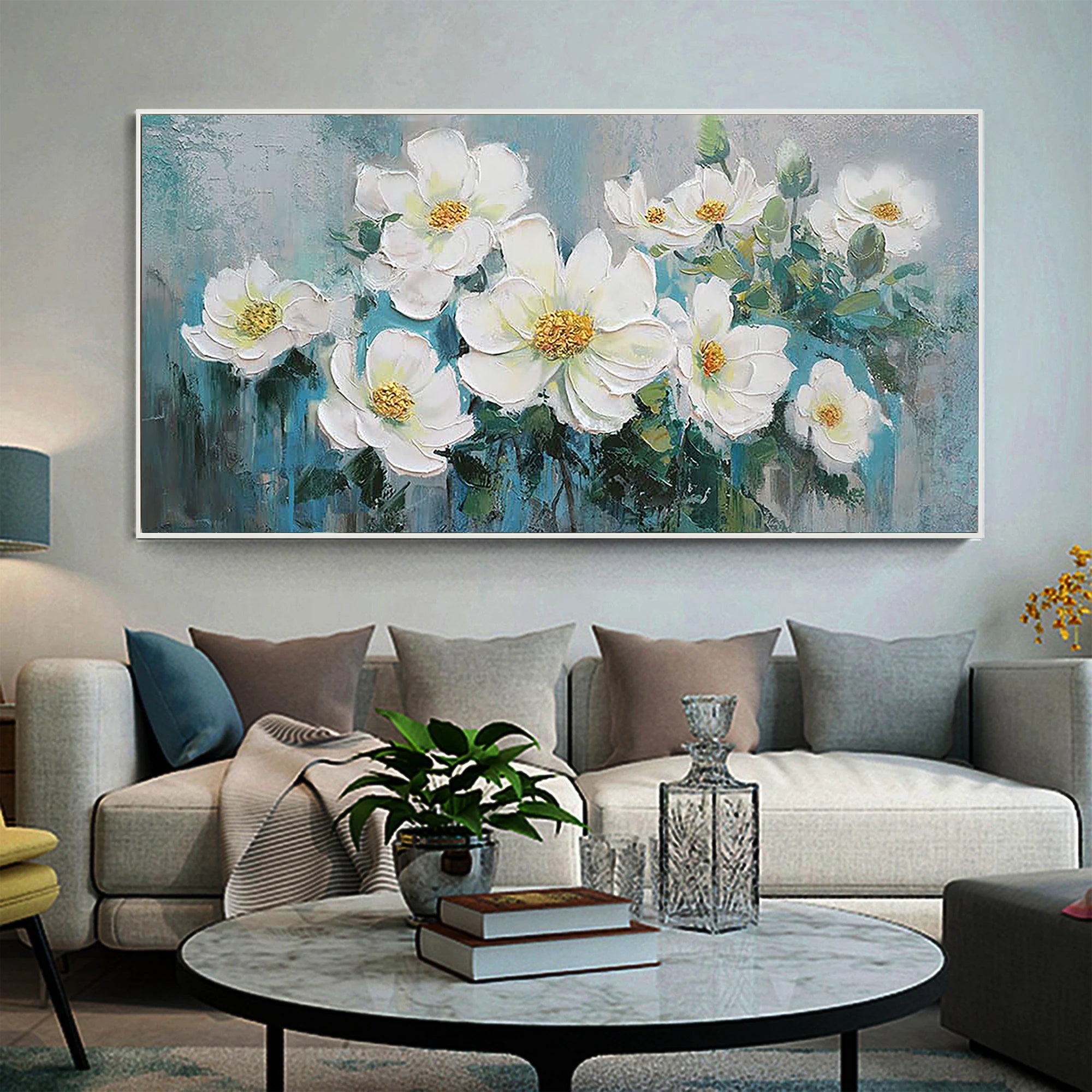 Aquamarine Bloom – Heavy Textured White Magnolia Painting | Elegant Teal & Gray Floral Bedroom Art