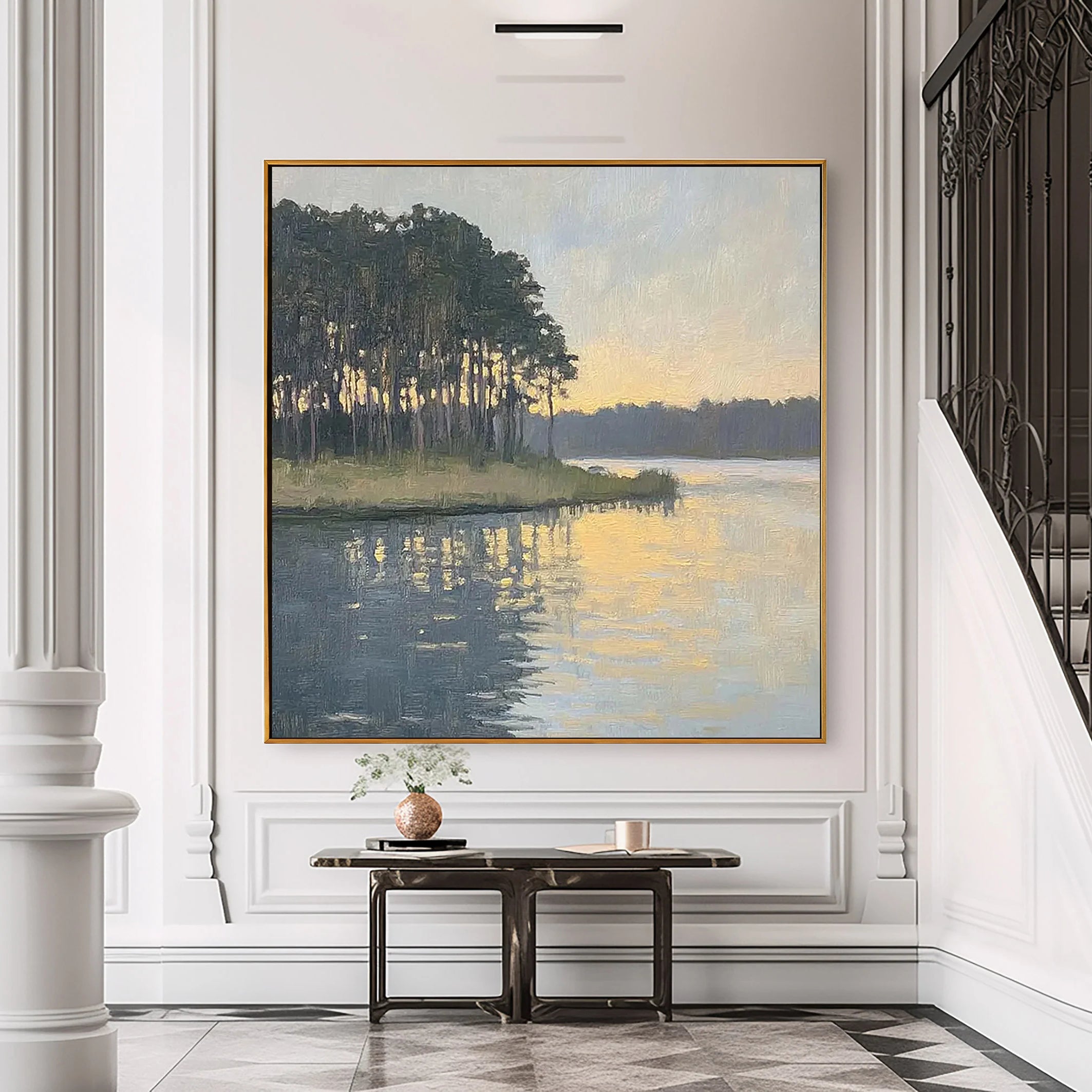 Shattered Gold in the Pines – Impressionist Lakeside Sunset Oil Painting | Serene Landscape Hallway Art