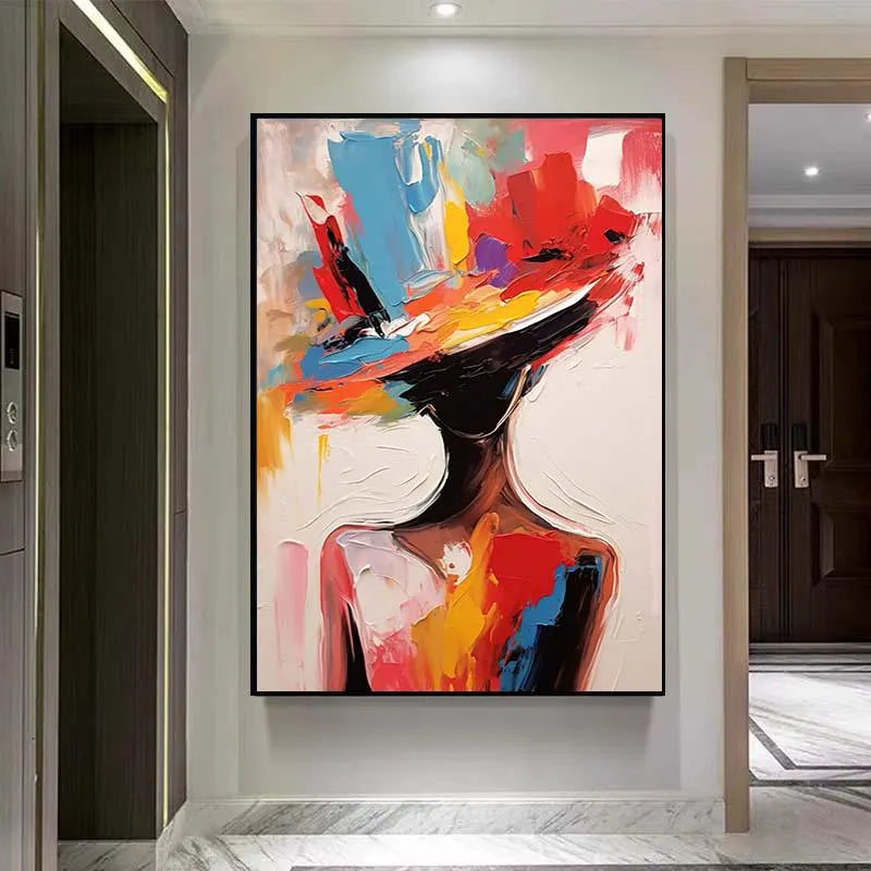 VIVID RADIANCE: Abstract Expressionist Lady in Hat, Bold Palette Knife Portrait Art