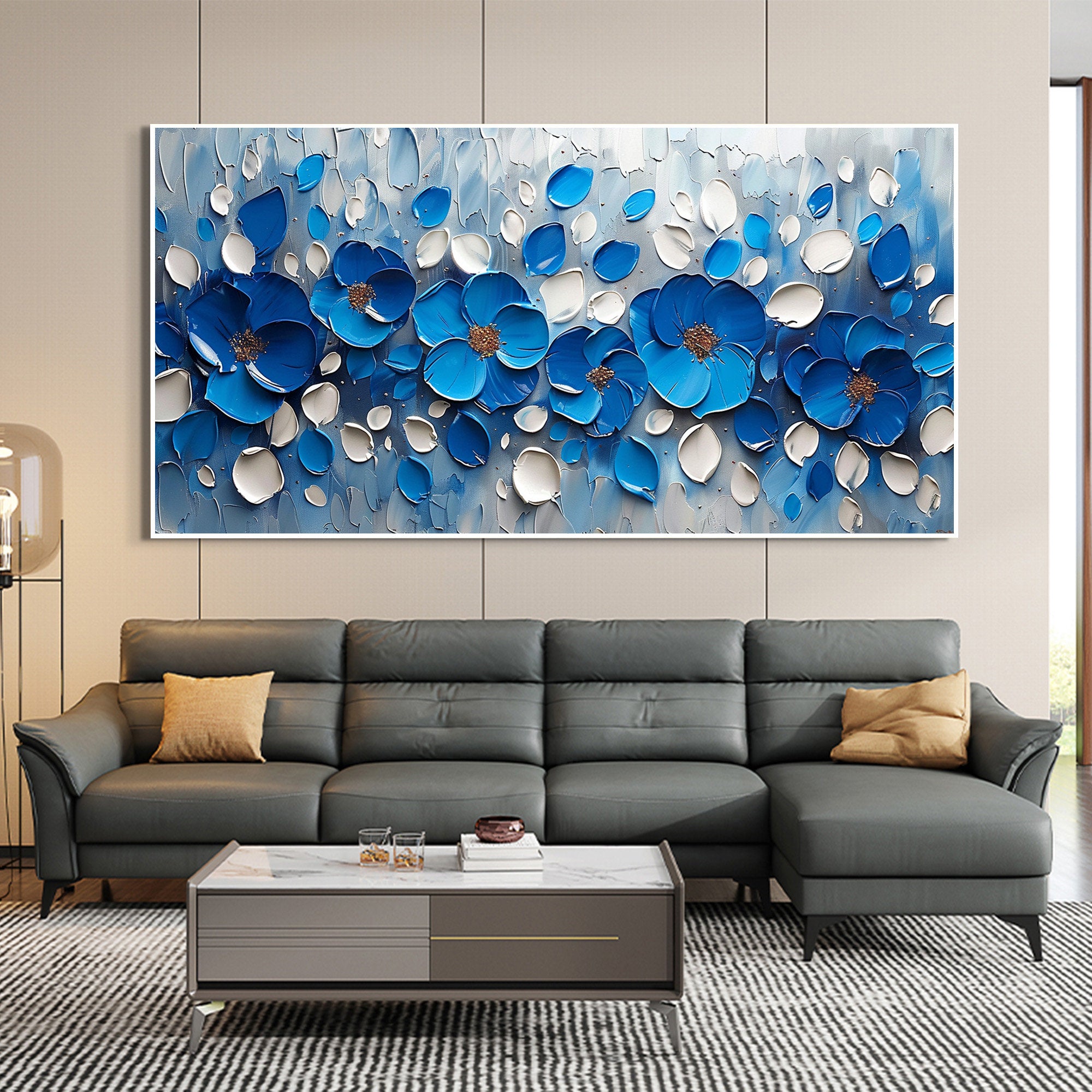ROYAL PETALS: Flower-Tree Art, Hand-Painted Horizontal Royal Blue and White 3D Textured Palette Knife Heavy Texture Canvas Painting