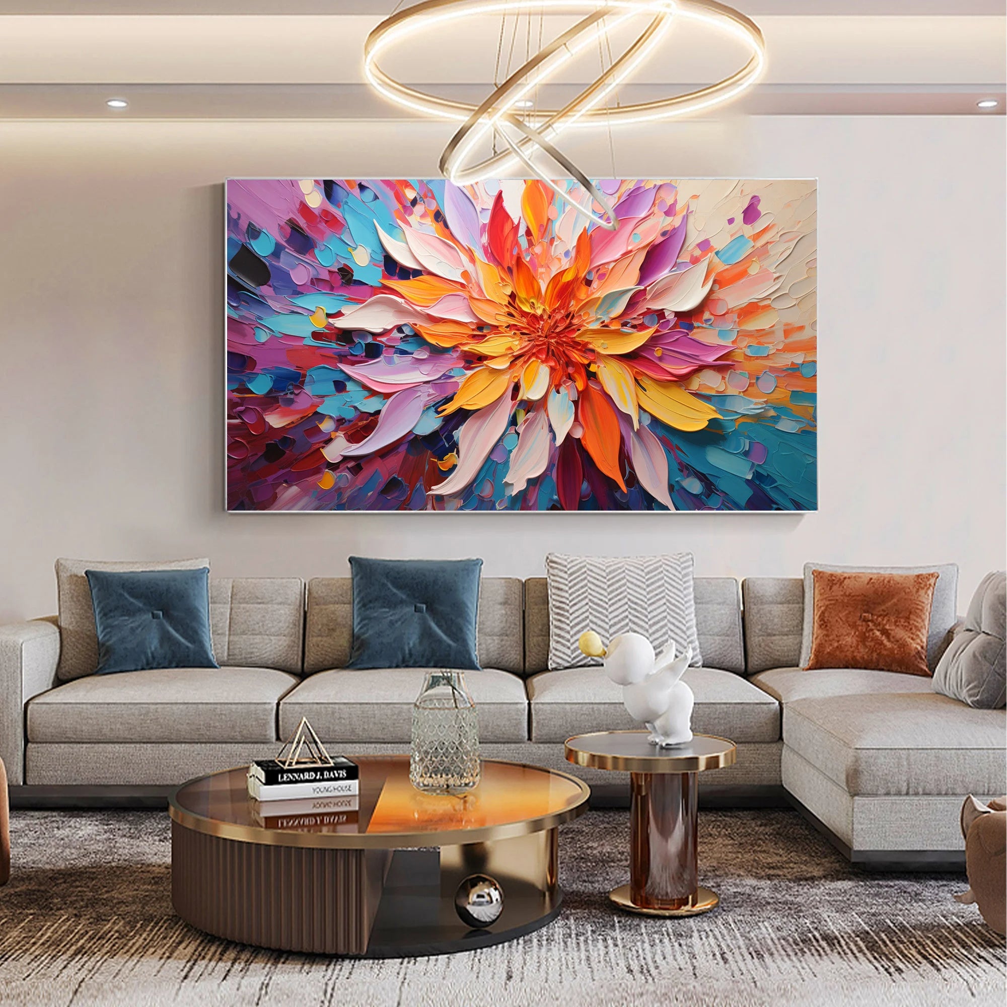 Radiant Petals – Hand-Painted Radial Palette Knife Petals Thick Floral Painting | Contemporary Botanical Bedroom & Living Room Art