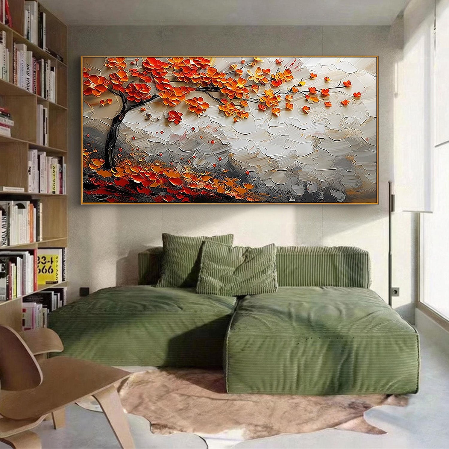 Autumn Anthem – Modern Orange and Crimson Blossom Tree Painting | Luxury Textured Living Room Art
