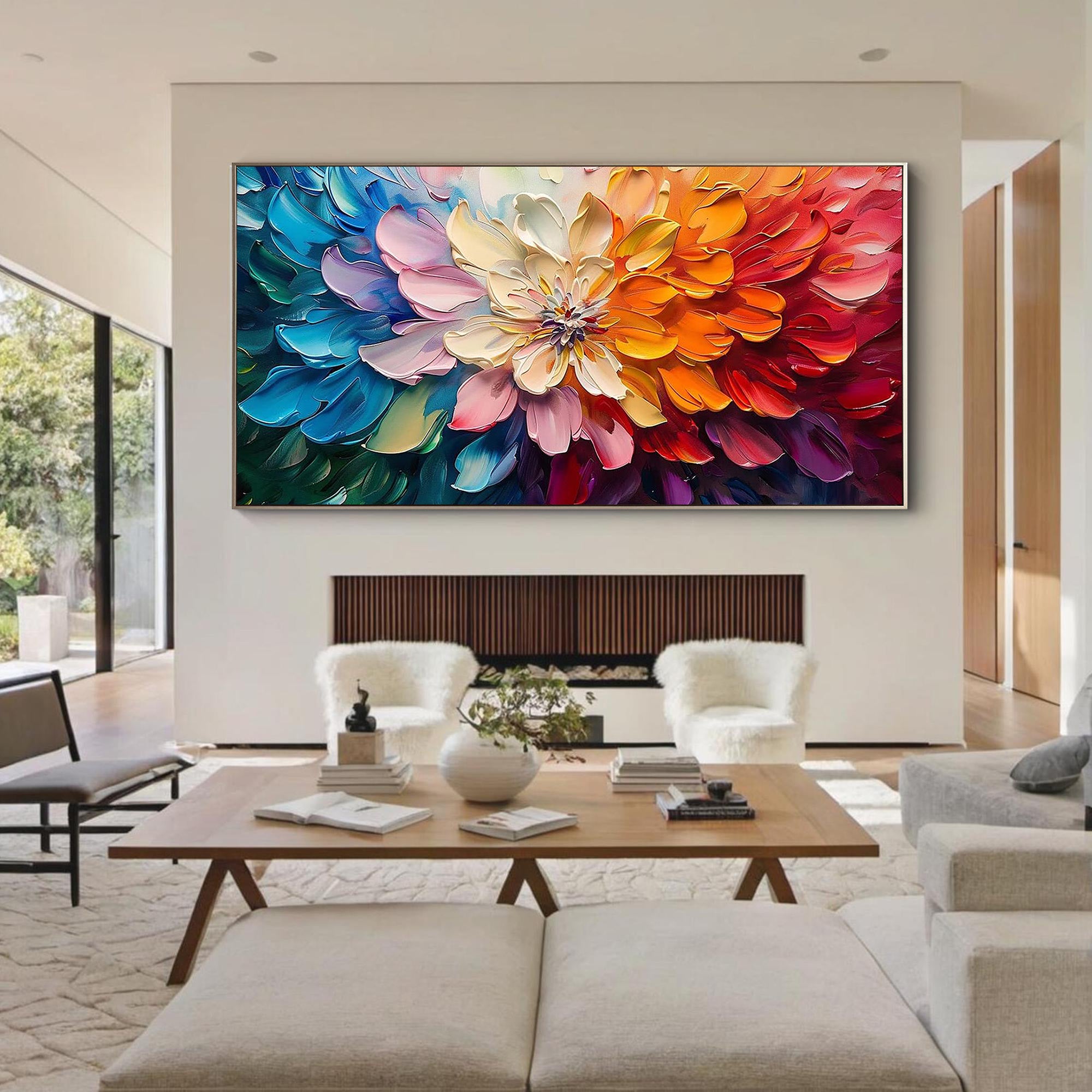 Spectrum Bloom – Hand-Painted Multicolored 3D Impasto Flower Heavy Texture Oil Floral Painting | Vibrant Botanical Living Room & Dining Room Art