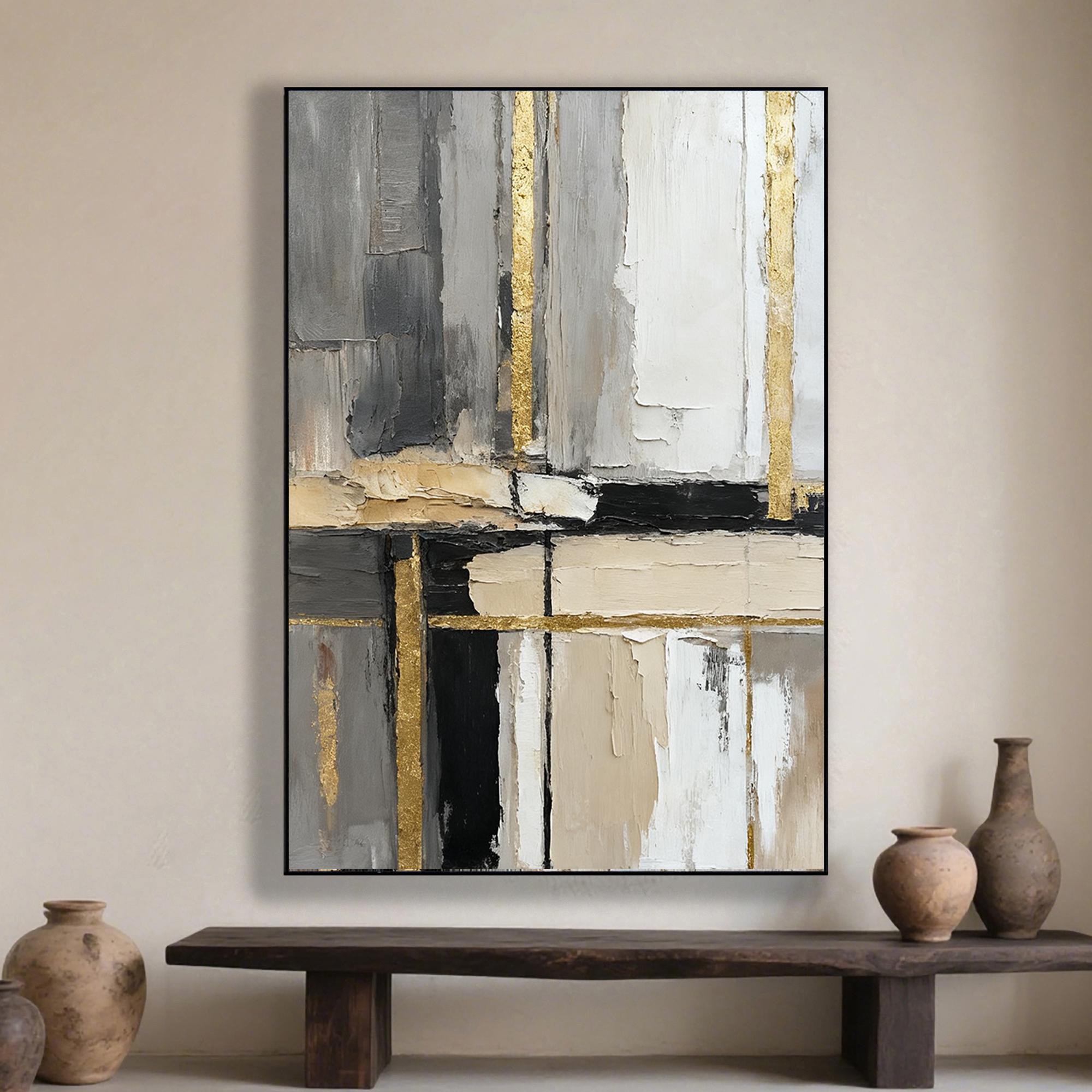GOLDEN URBAN: Abstract Wall Art, Hand-Painted Minimalist Grey and Gold Foil Vertical Line 3D Textured Canvas Art