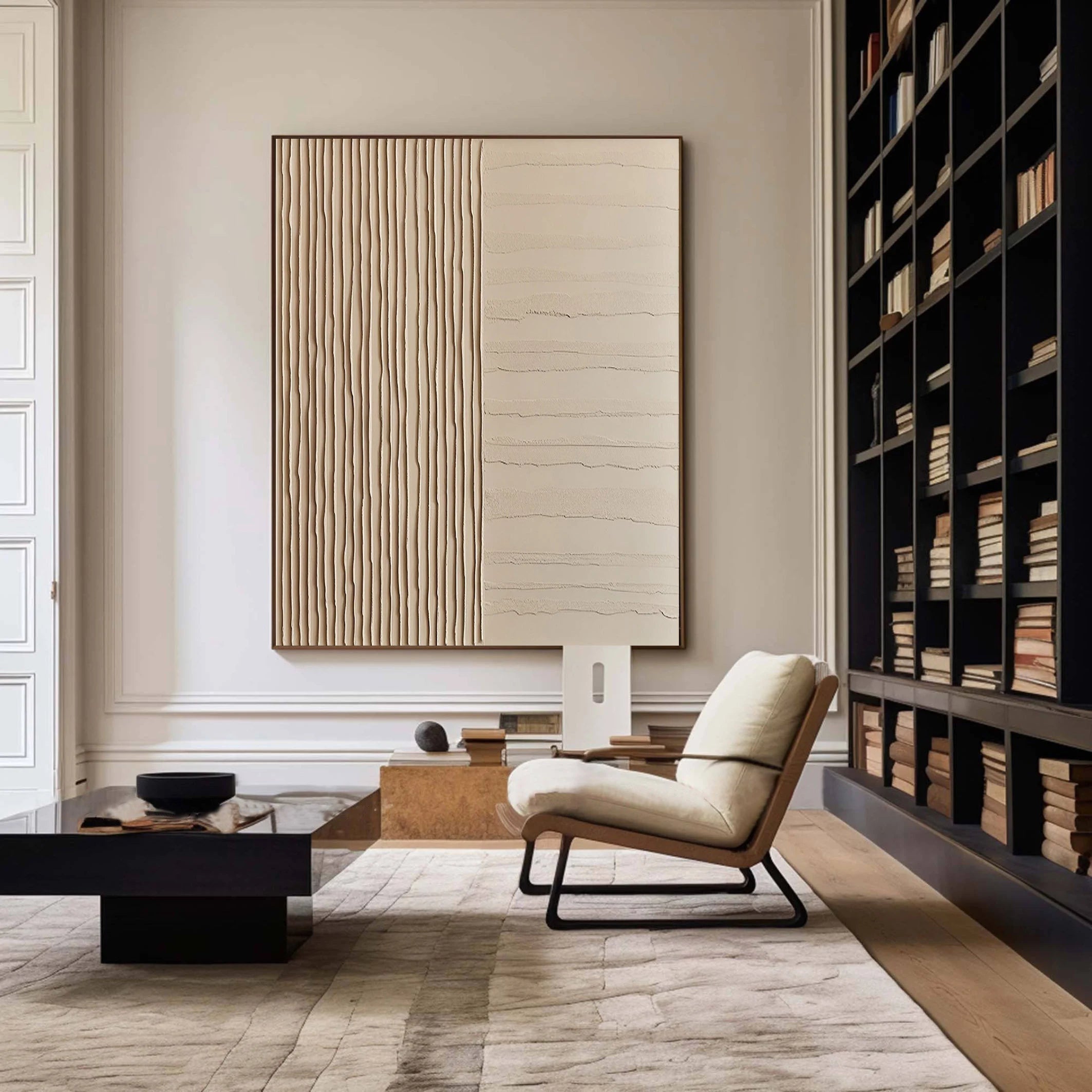 Linear Harmony – Hand-Painted Minimalist Beige Line Plaster Effect Relief Wabi-Sabi Painting | Japandi Organic Wabi-Sabi Living Room & Hallway Art