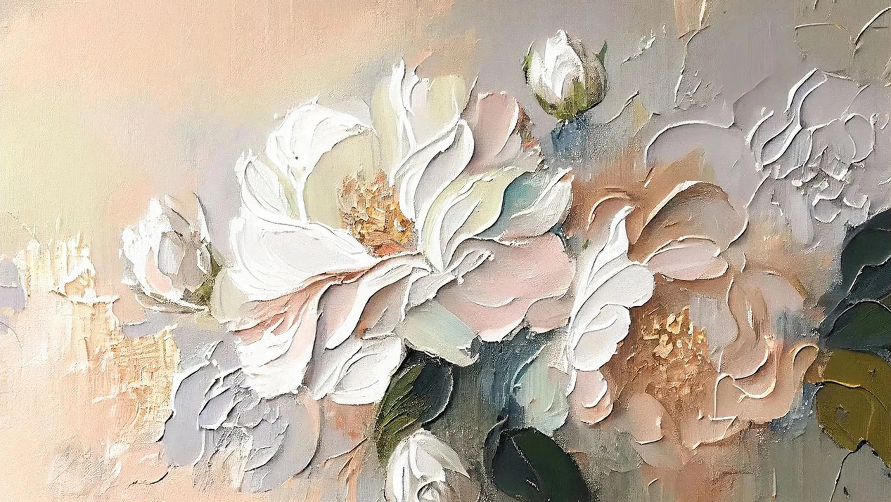 Creamy Blooms – Hand-Painted Impasto White Peony Thick Floral Painting | Soft Organic Botanical Bedroom & Living Room Art