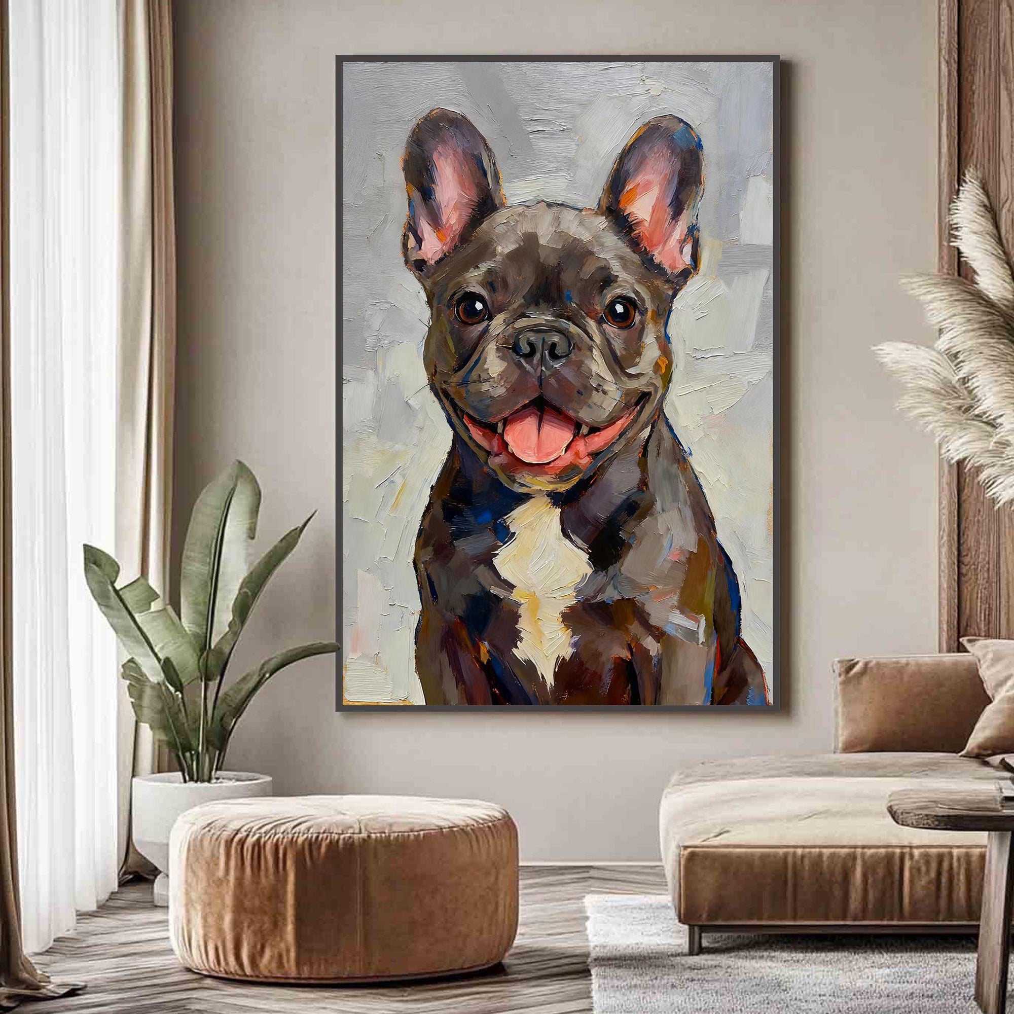 The Joyful Frenchie – Modern Impasto French Bulldog Texture Painting | Vibrant Living Room Art
