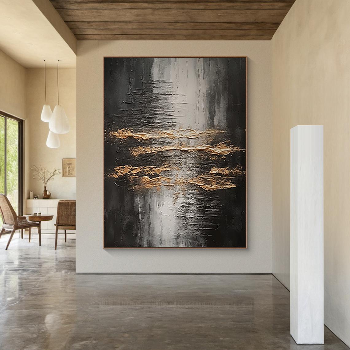Onyx Rhythm – Black & Gold Plaster Relief Abstract Texture Painting | Modern Abstract Living Room & Office Art
