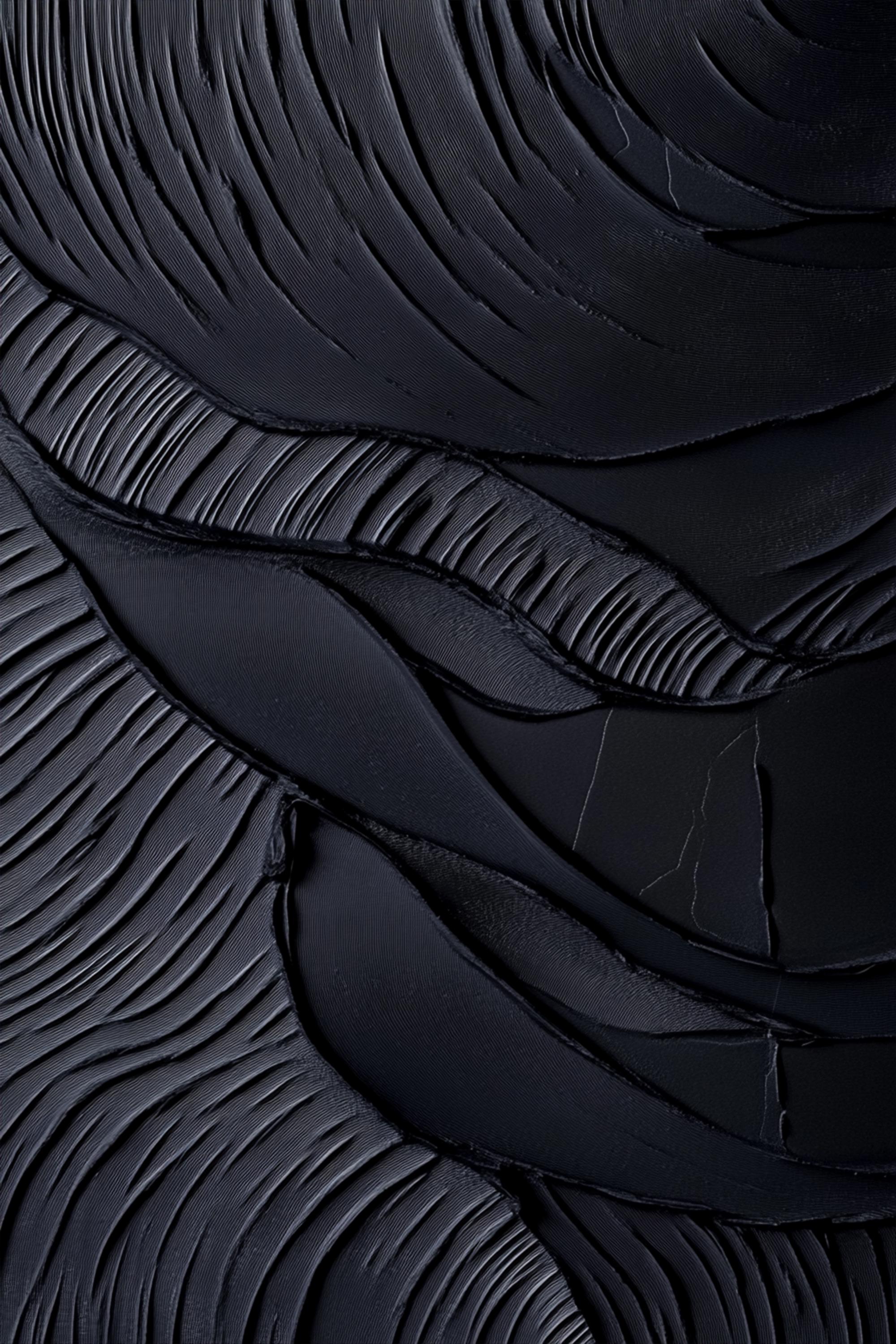 Obsidian Waves – Hand-Painted Pure Black Plaster Effect 3D Relief Wabi-Sabi Painting | Modern Noir Wabi-Sabi Living Room & Home Office Art