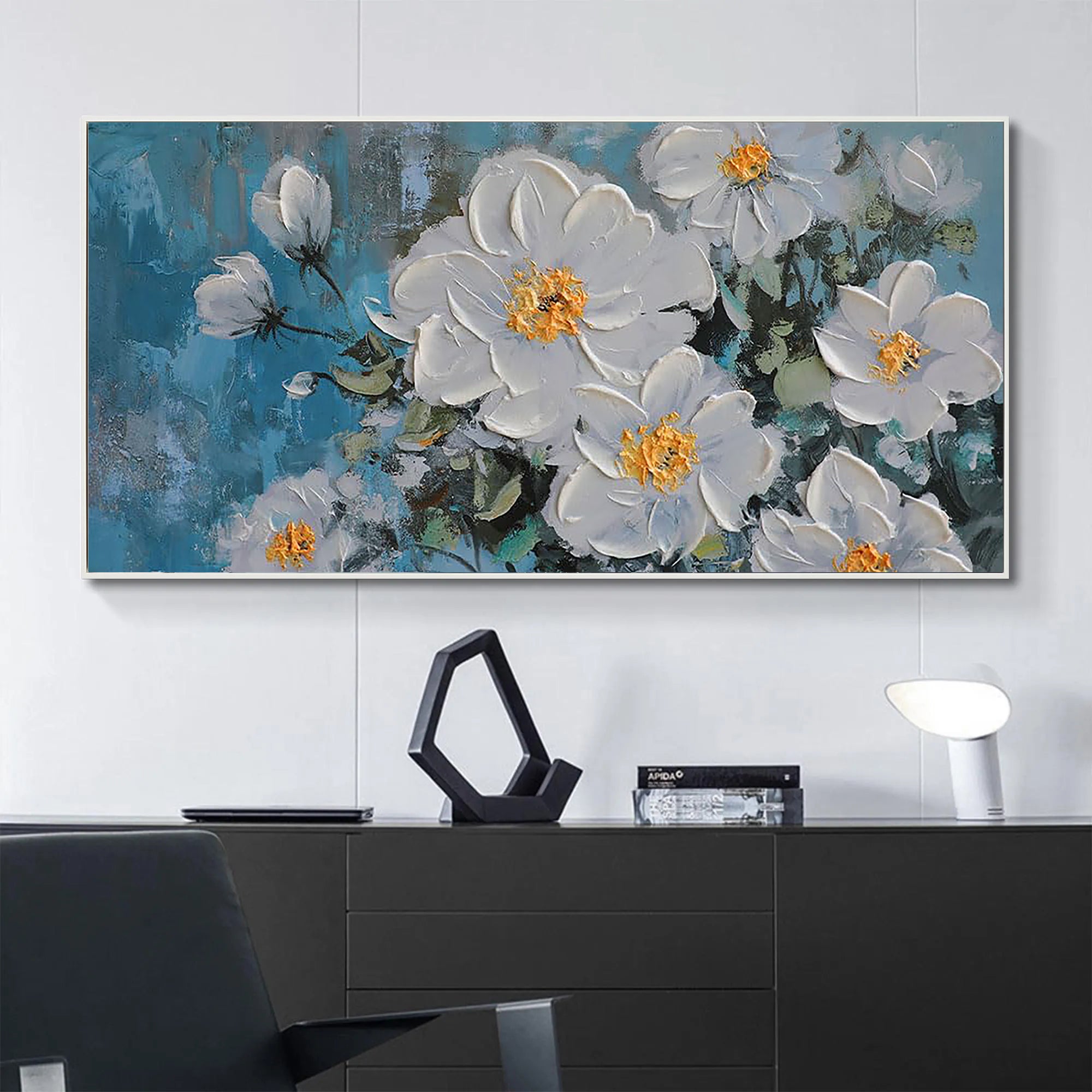 DEEP TEAL BLOOM: 3D Heavy Texture White Flower Wall Art, Luxury Blue Background Relief
