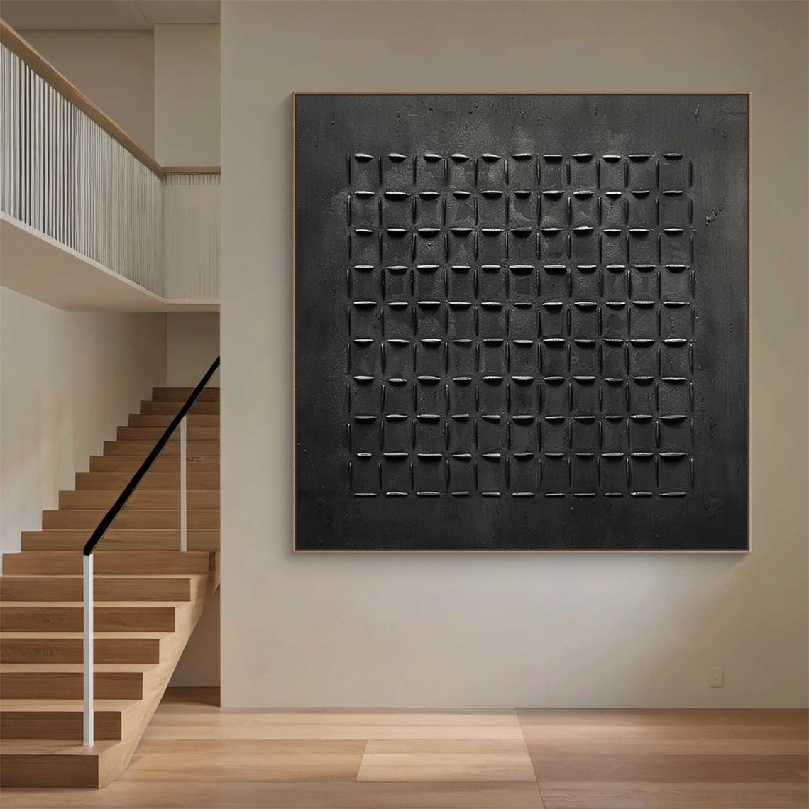Onyx Grid – Modern Black Plaster Relief Abstract Wabi-Sabi Painting | Japandi Wabi-Sabi Living Room & Bedroom Art