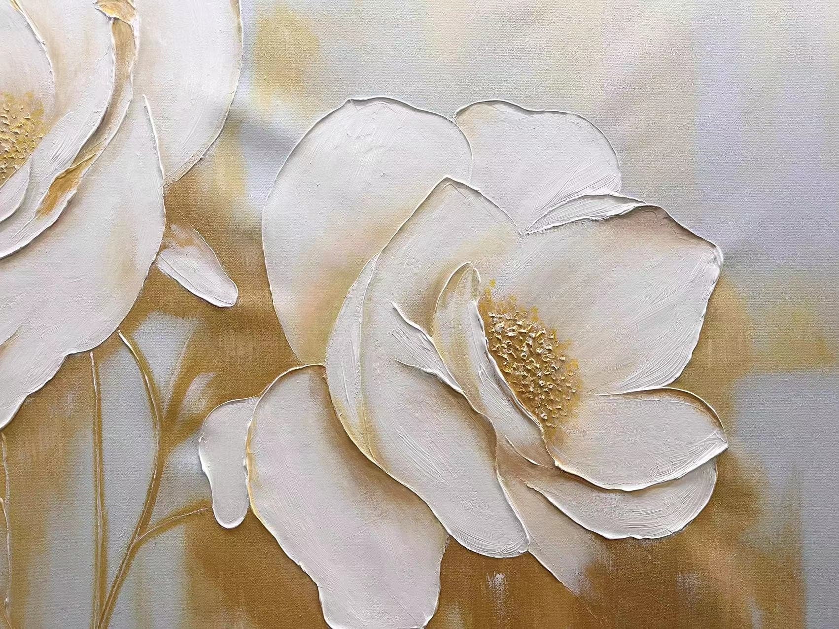 Golden Elegance – Hand-Painted Light Grey and Gold Foil 3D Relief Plaster Effect Floral Painting | Modern Luxury Botanical Bedroom & Living Room Art