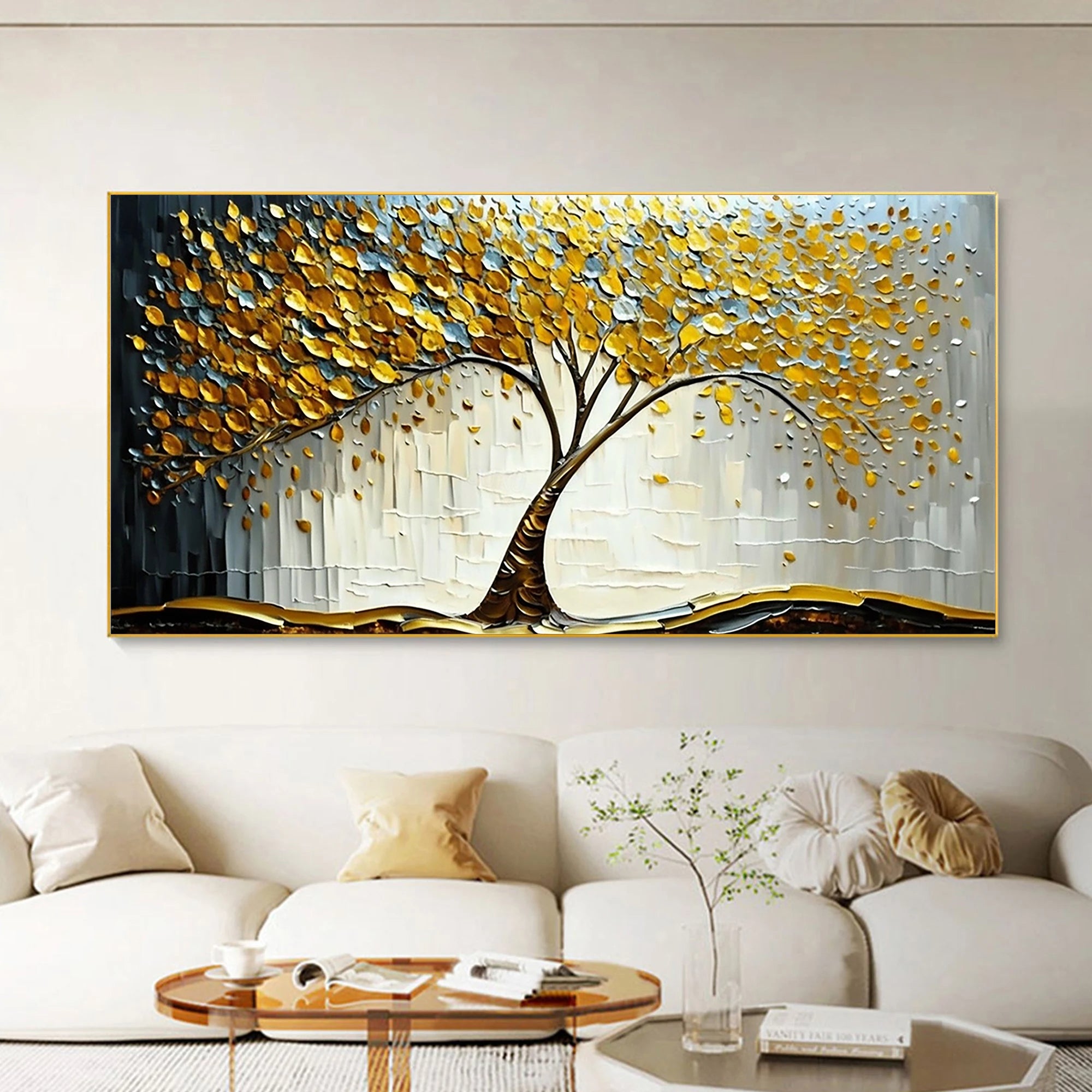 Golden Prosperity – Modern Luxury Oil Painting | Impasto Gold Leaf Tree of Life Living Room Art