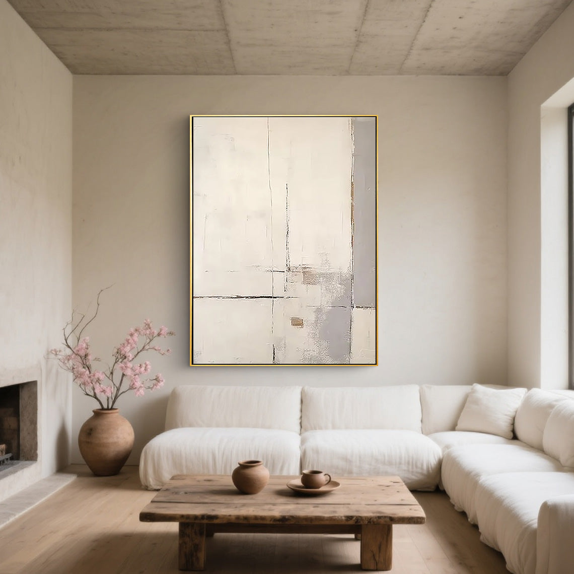 Minimalist Trace – Hand-Painted Minimalist Beige and Grey Plaster Relief Wabi-Sabi Painting | Japandi Organic Wabi-Sabi Living Room & Hallway Art