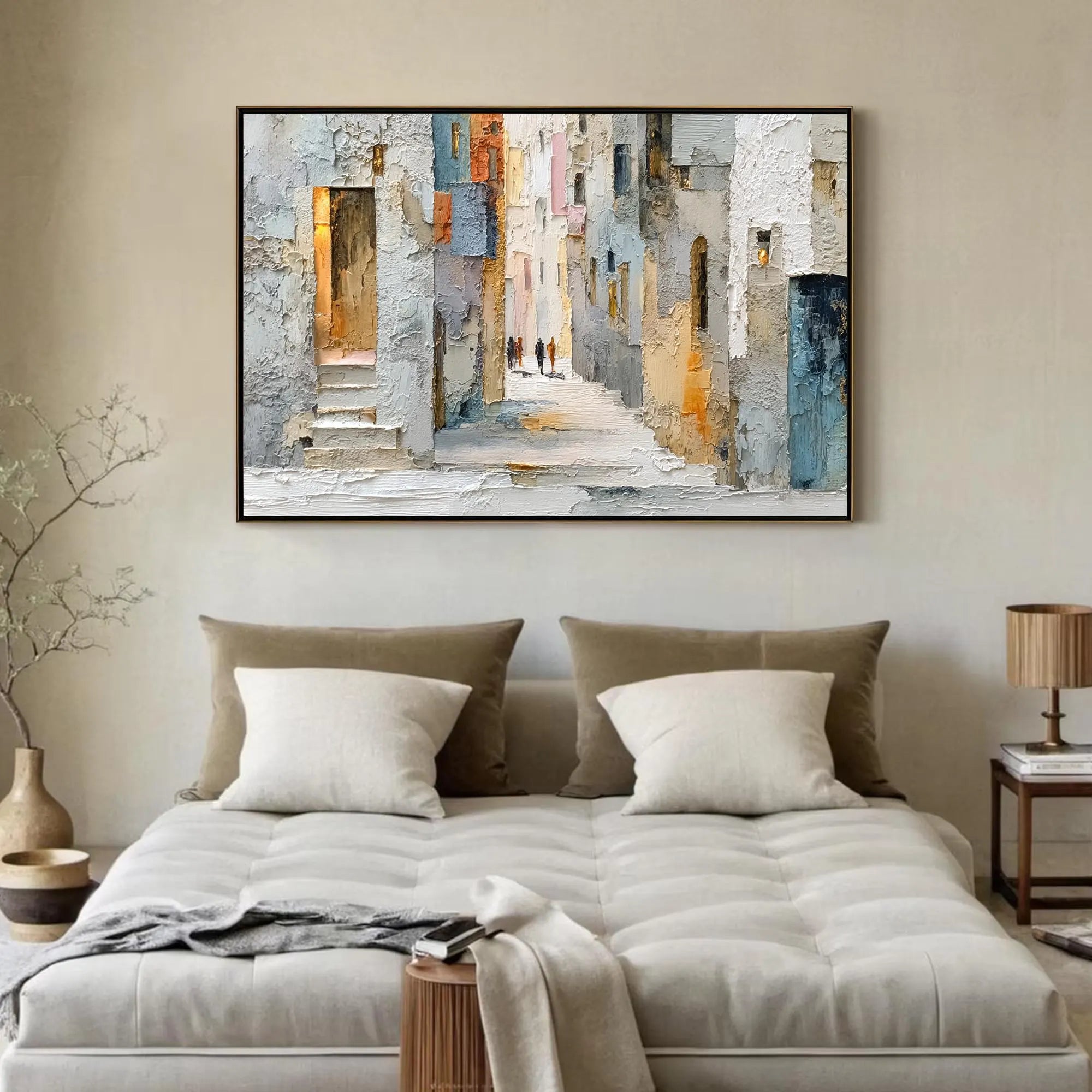 COBBLESTONE PATH: Cityscape Wall Art, Hand-Painted European Village Street Plaster Effect Palette Knife Textured Canvas Painting