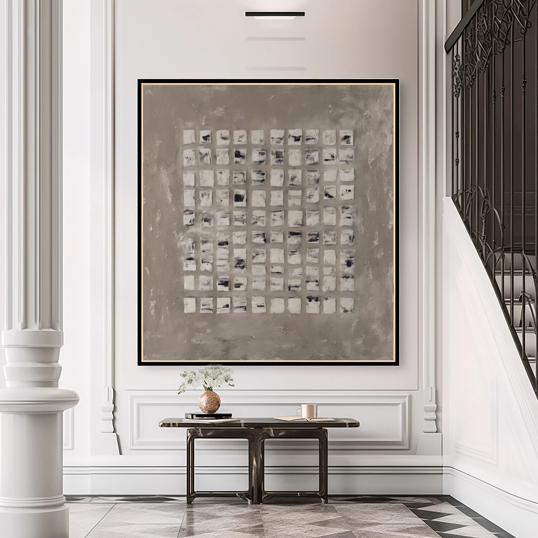Square Sequence – Hand-Painted Neutral Grey Matrix Plaster Relief Wabi-Sabi Painting | Japandi Organic Wabi-Sabi Living Room & Hallway Art