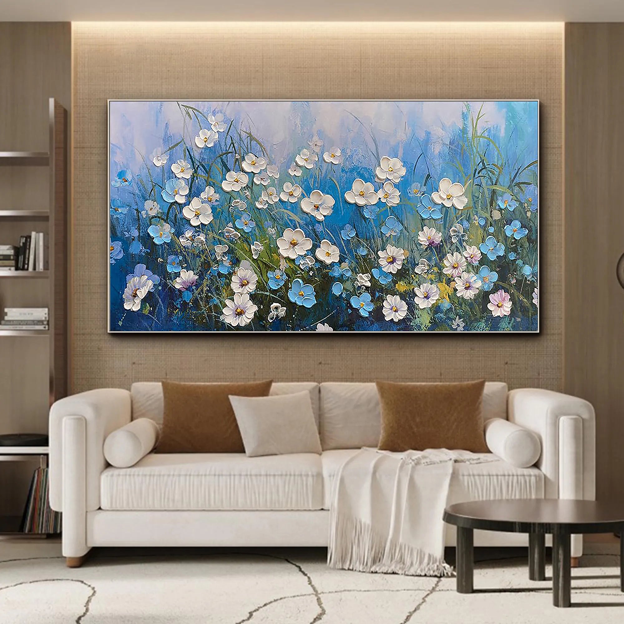 Azure Meadow – Blue Wildflower Relief Floral Painting | Contemporary Botanical Bedroom & Living Room Art