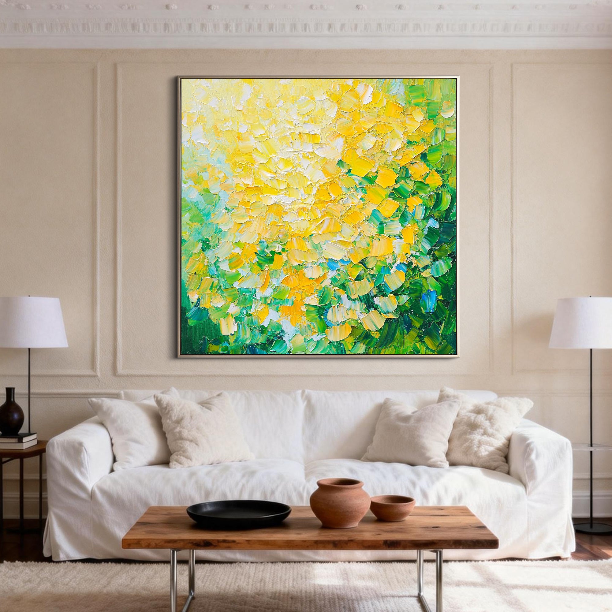 Mint Sunlight – Green & Yellow Palette Knife Relief Abstract Painting | Modern Abstract Living Room & Office Art