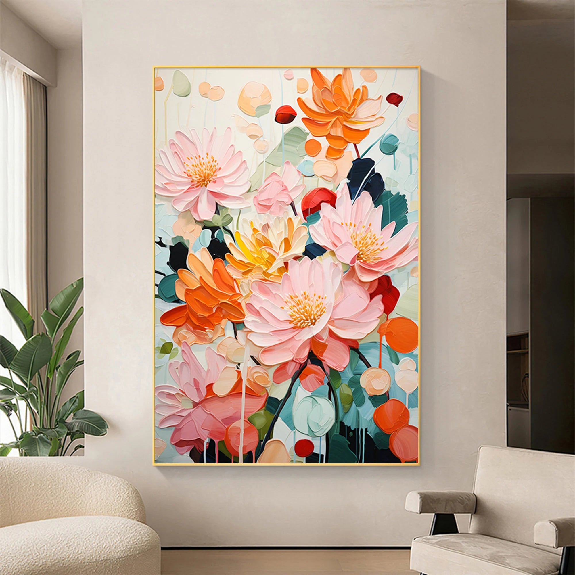 Vivid Blooms – Hand-Painted Modern Abstract Impasto Thick Floral Painting | Contemporary Botanical Bedroom & Living Room Art