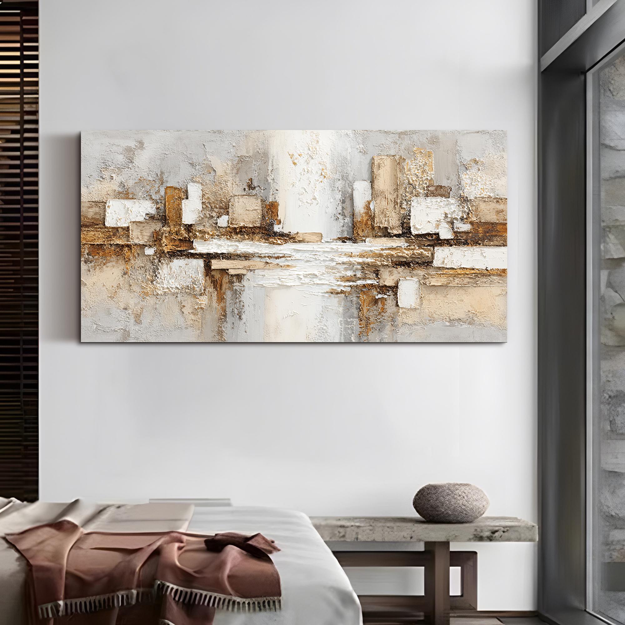 URBAN GLIMPSE: Panoramic 3D Heavy Texture Abstract Wall Art, Modern Gold & Neutral Relief
