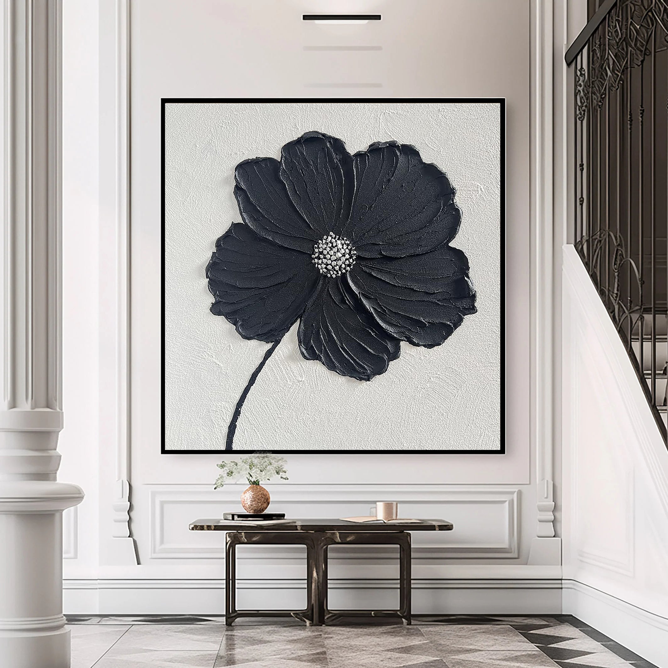 Midnight Petal – Black Minimalist Plaster Relief Floral Painting | Contemporary Botanical Bedroom & Living Room Art