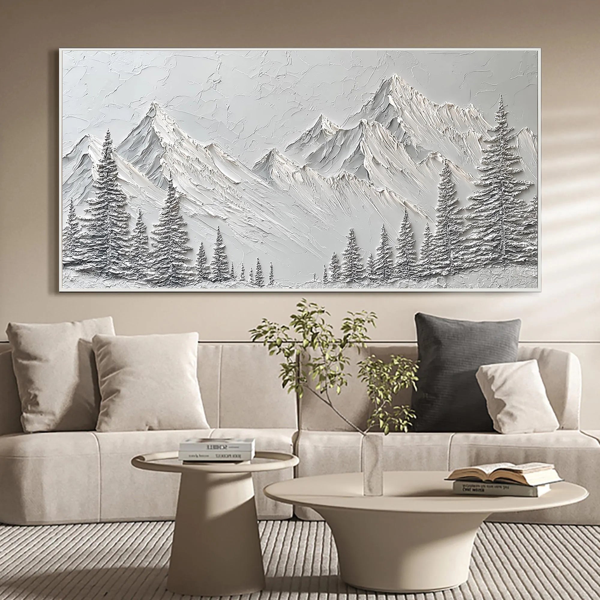 SNOW PEAK: Panoramic 3D Heavy Texture Mountain Wall Art, Modern White Pine & Peak Relief