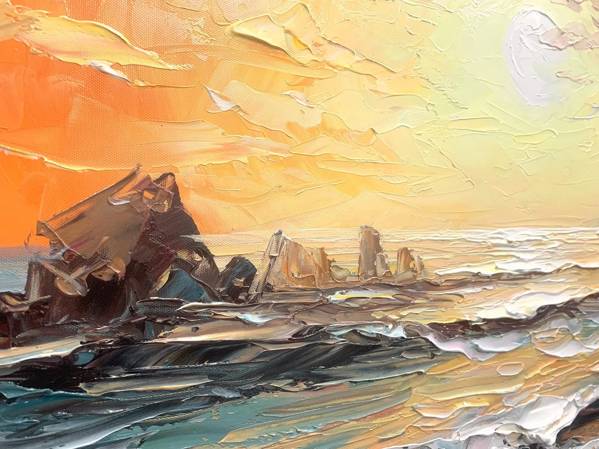 Sunset Glow – Impressionist Sea Sunset Scenery Hand-Painted Textured Landscape Oil Ocean Painting | Coastal Modern Living Room & Bedroom Art