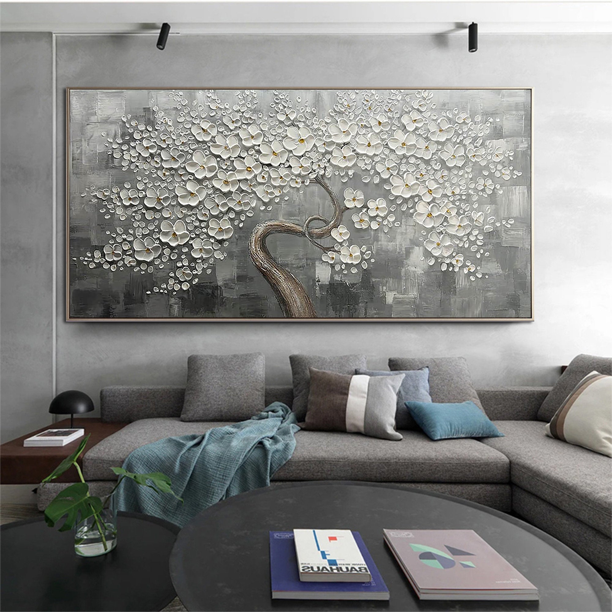 Silver Blossom – Hand-Painted White Tree 3D Relief Heavy Texture Plaster Floral Painting | Contemporary Botanical Bedroom & Living Room Art