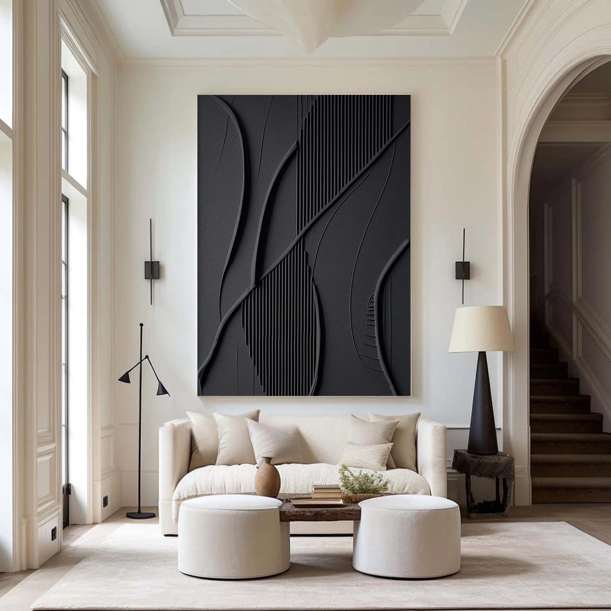 Onyx Veins – Hand-Painted Matte Black Intertwined Fluid Lines Fluted Texture Relief Wabi-Sabi Painting | Japandi Wabi-Sabi Living Room & Bedroom Art