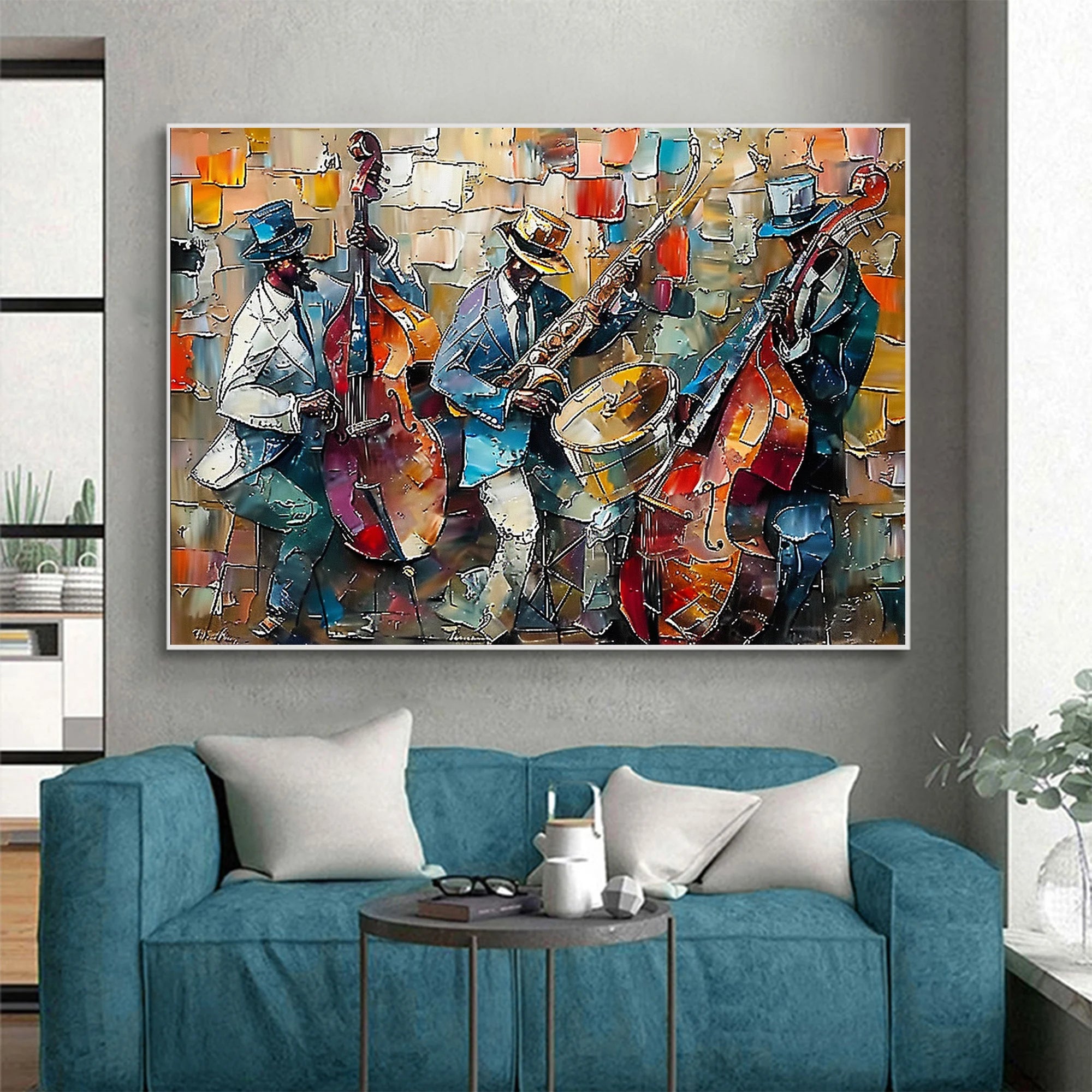 SOULFUL NOTES: People Portrait Wall Art, Hand-Painted Abstract Jazz Bassist Performance Textured Studio Gallery Art