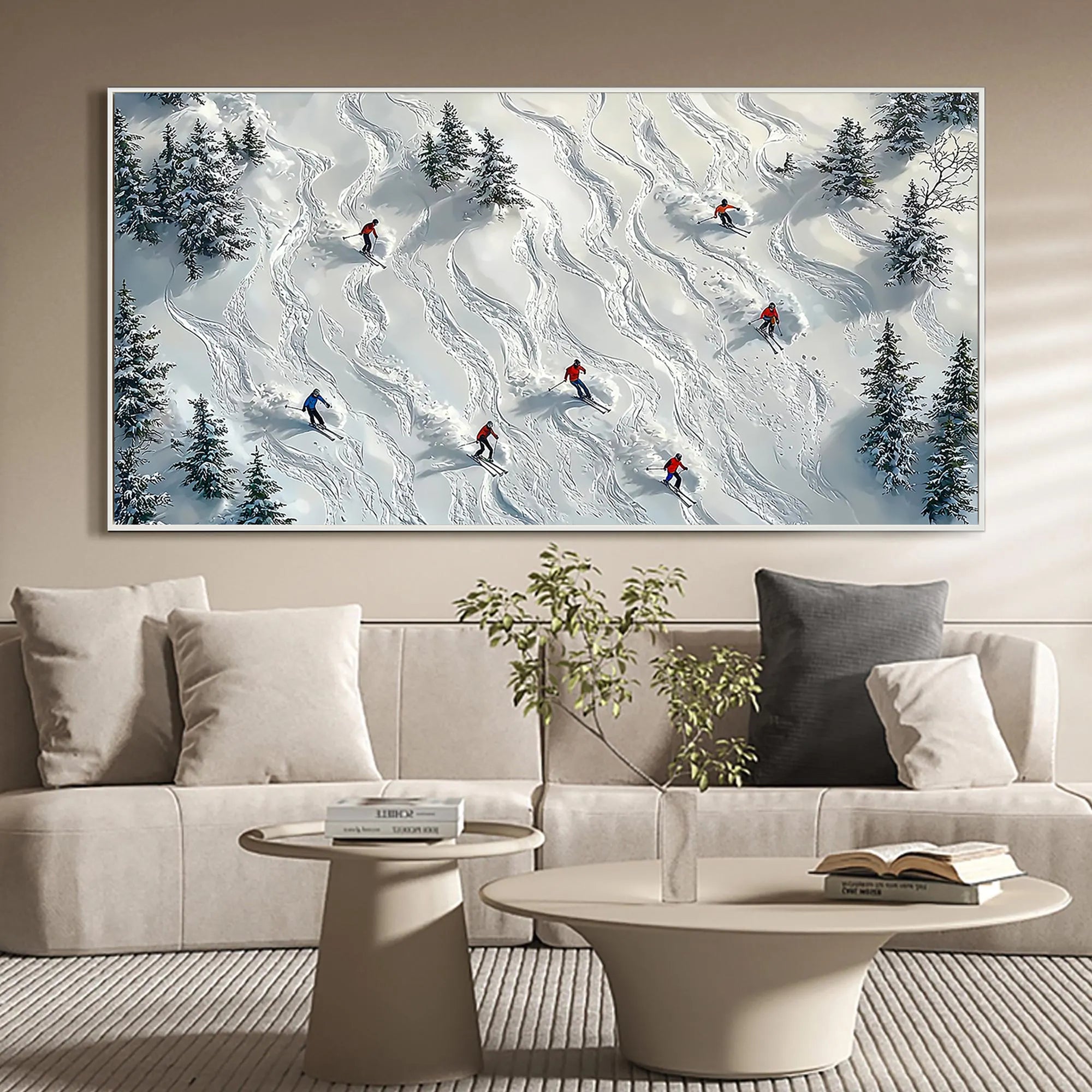 Alpine Trails – Hand-Painted Aerial View Skiers 3D Textured Snow Mountain Sport Painting | Contemporary Mountain Living Room & Home Office Art