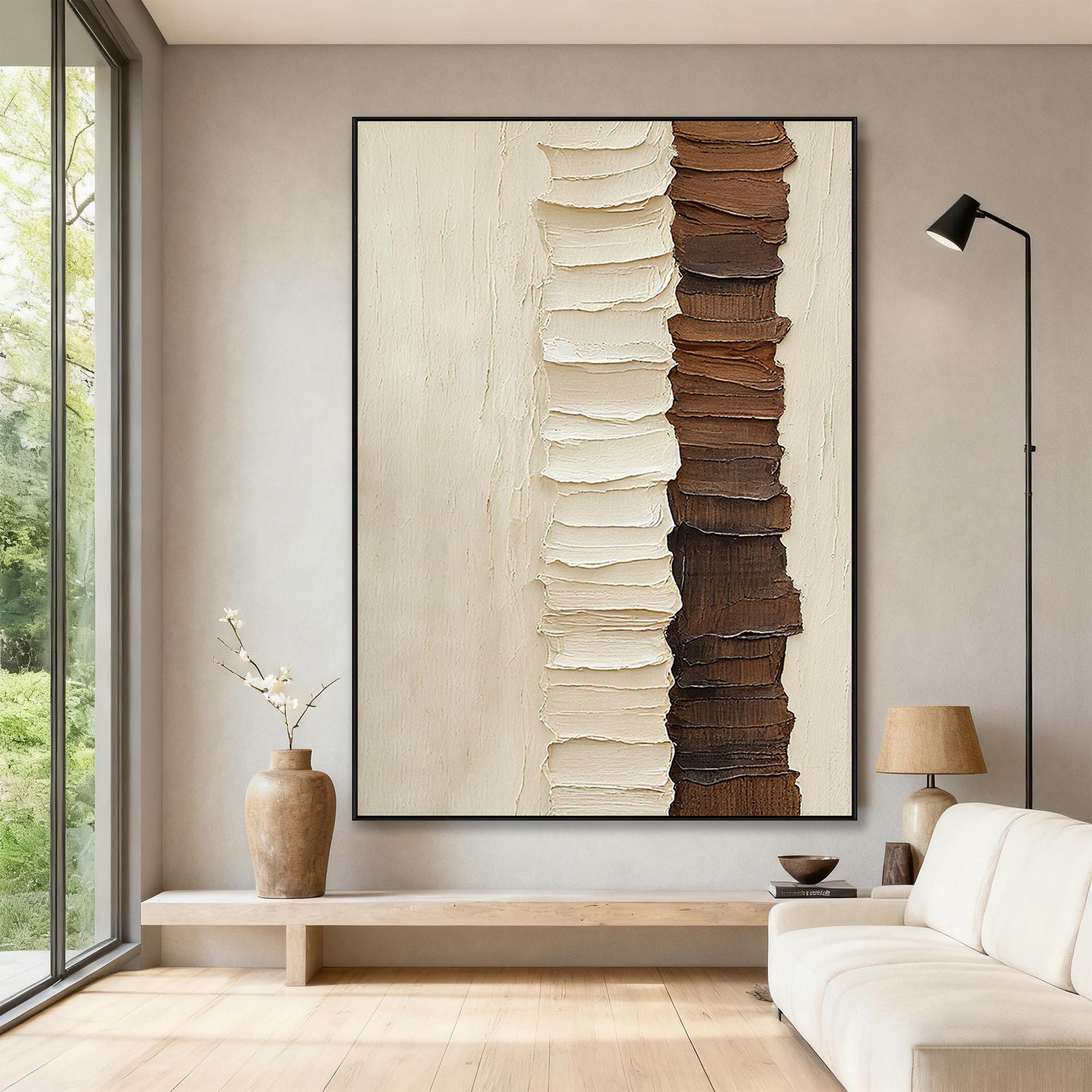 Vertical Ridge – Cream & Chocolate Palette Knife Relief Abstract Painting | Modern Abstract Living Room & Office Art
