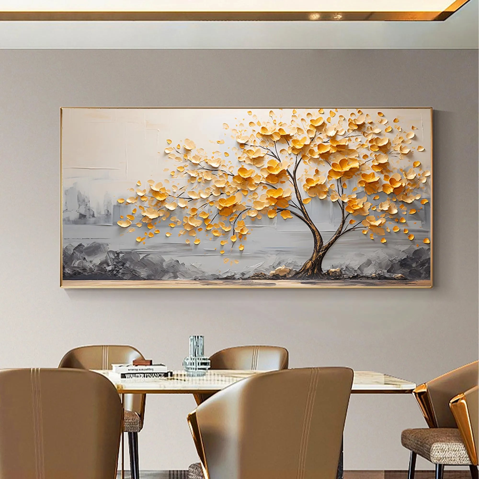 Golden Harvest – 3D Heavy Texture Yellow Flower Hand-Painted Landscape Oil Tree Painting | Modern Luxury Botanical Bedroom & Living Room Art