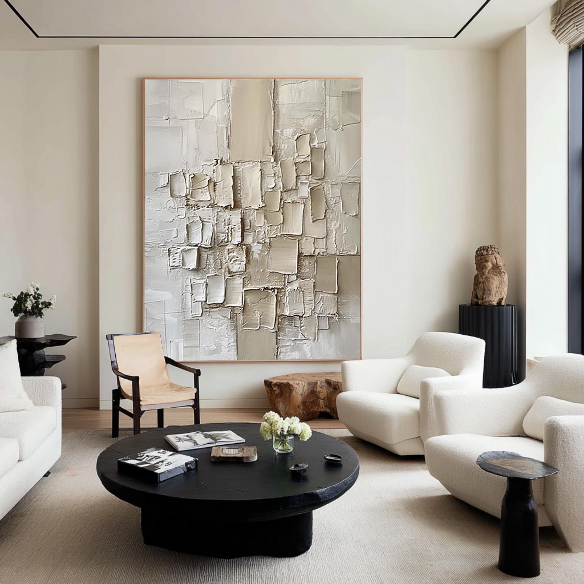 CREAMY MOSAIC: Texture Wall Art, Hand-Painted Minimalist Off-White Geometric Block Plaster Relief Heavy Texture Canvas Painting