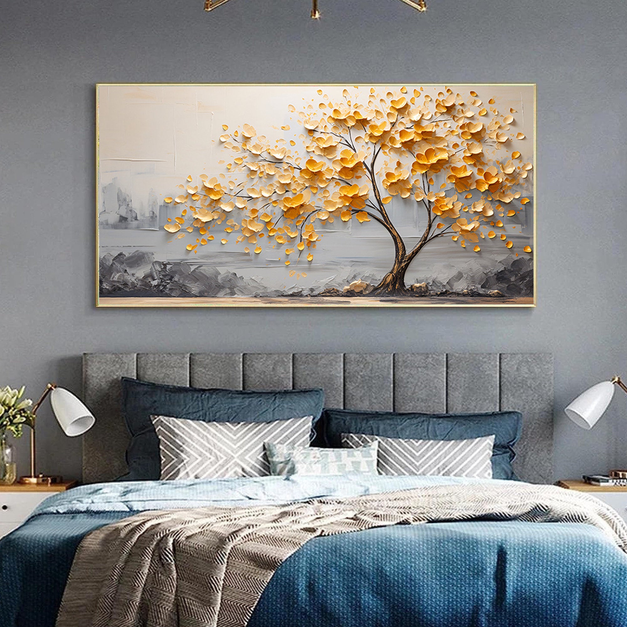 Golden Dawn – Yellow Blossom Relief on Grey Horizon Texture Painting | Modern Luxury Botanical Bedroom & Living Room Art