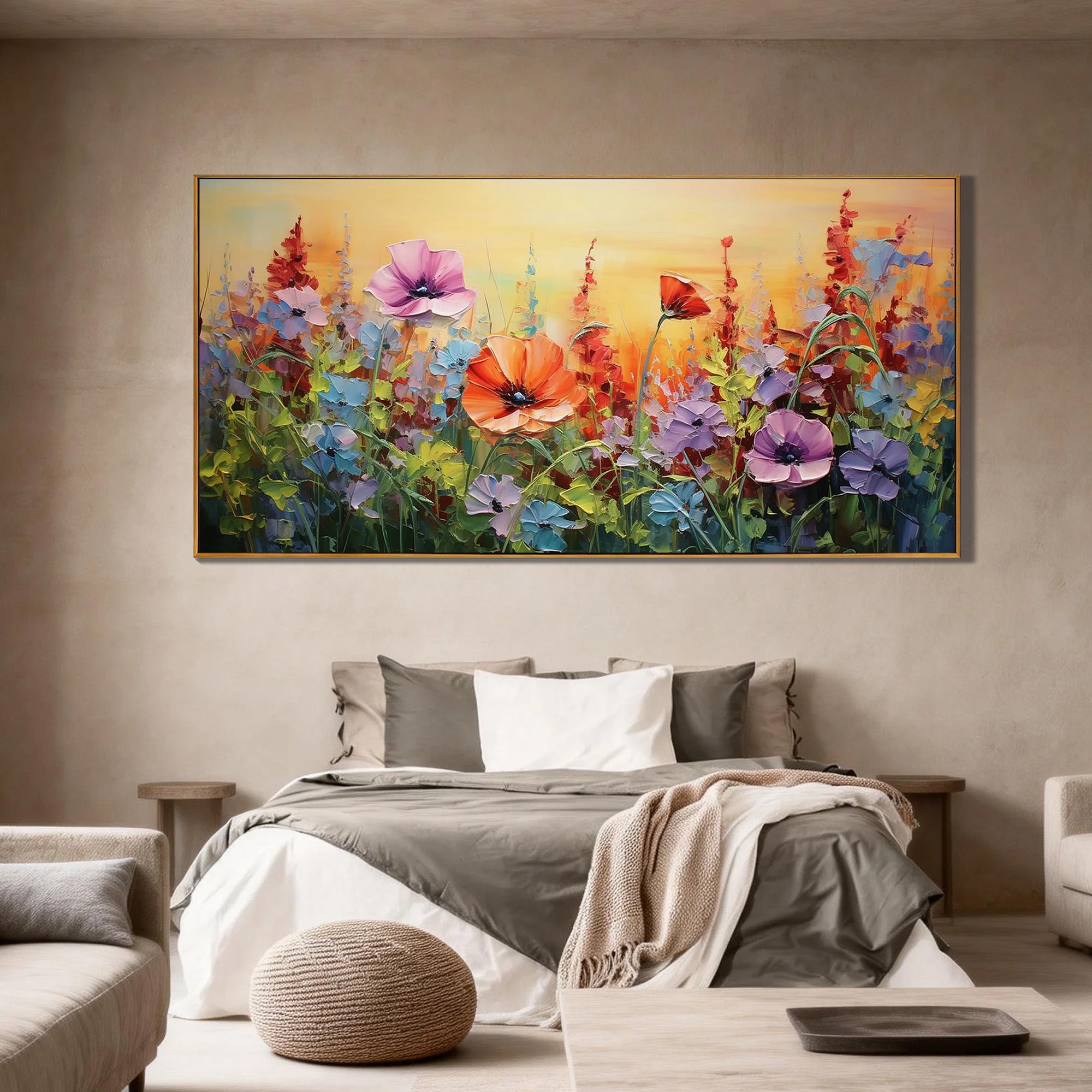 WILD FUSION: Floral Wall Art, Hand-Painted Maximalist Meadow Wildflower Rich Textured Gallery Art