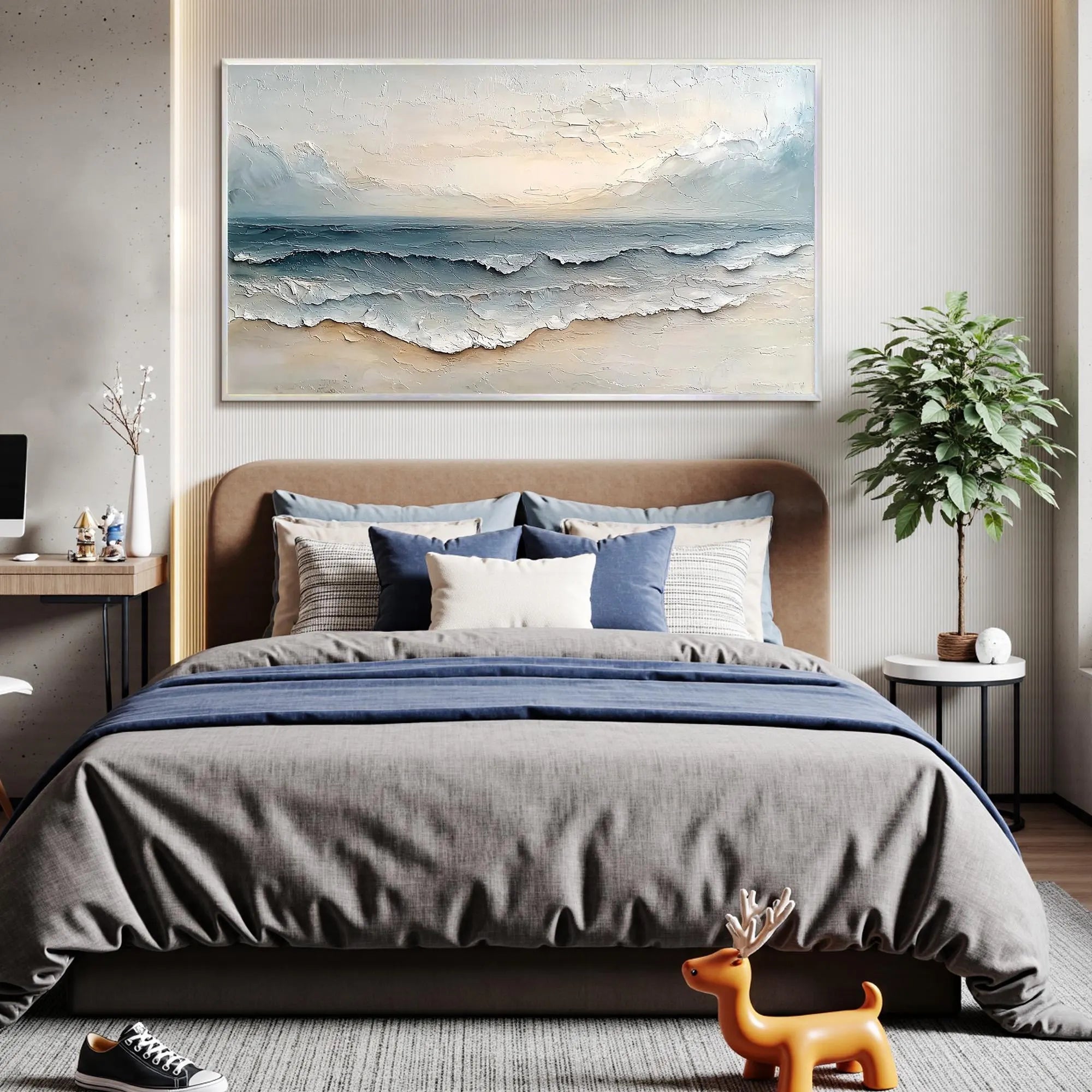 CREAMY SHORE: Texture Wall Art, Hand-Painted Horizontal Off-White and Pale Blue 3D Textured Coastal Canvas Art