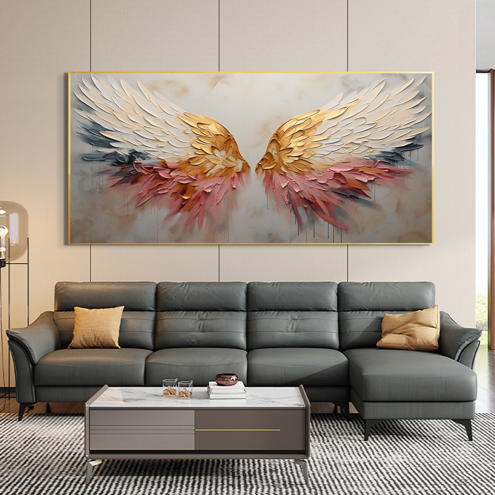 Celestial Wings – Gold Leaf Feather Relief Texture Painting | Modern Luxury Metallic Living Room & Hotel Art