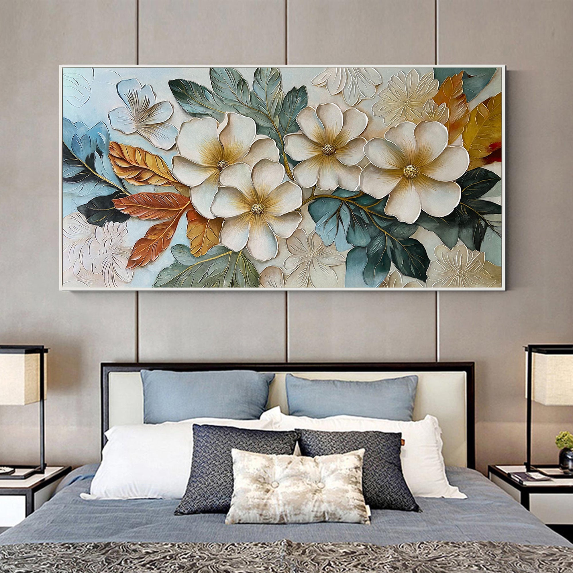 Vintage Bloom – Modern Botanical Plaster Relief Floral Painting | Contemporary Botanical Bedroom & Living Room Art