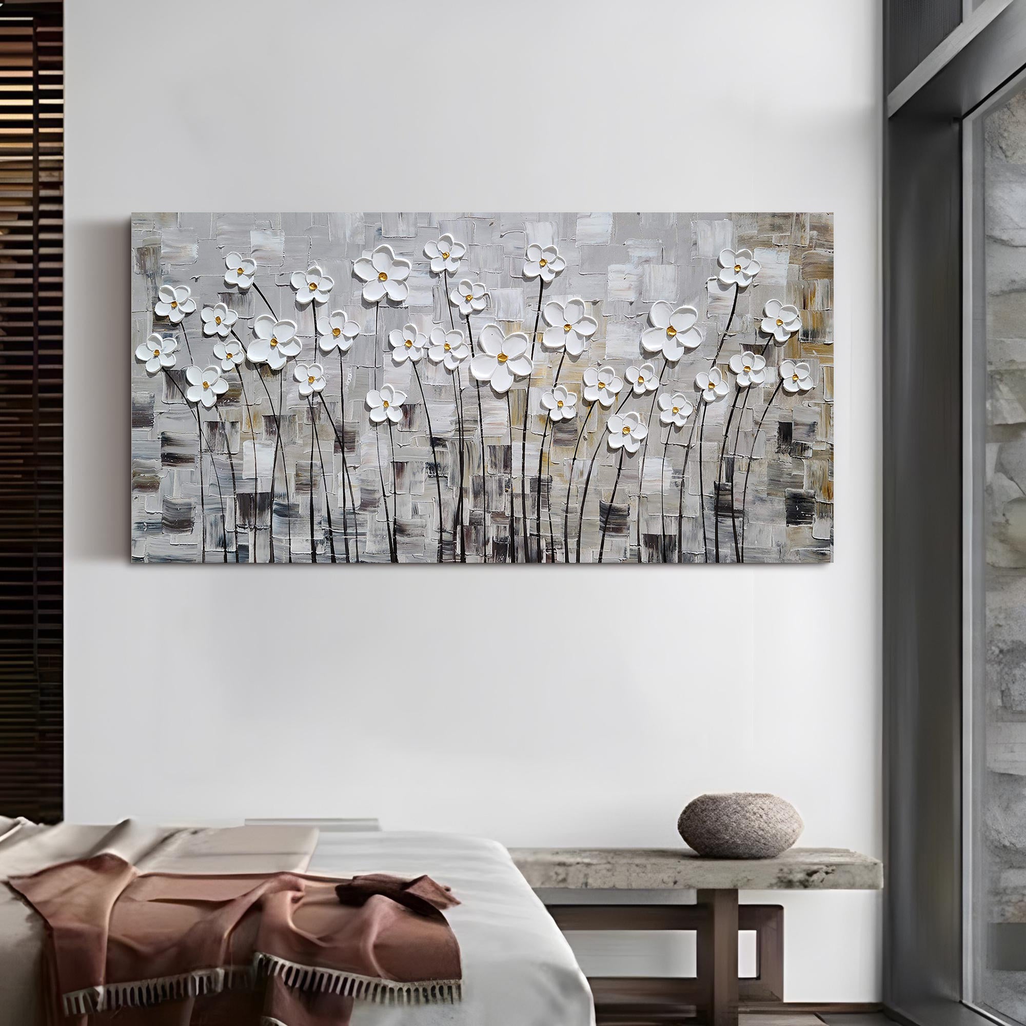 Modern Meadow – White Daisy Grid Relief Impasto Floral Painting | Contemporary Botanical Bedroom & Living Room Art