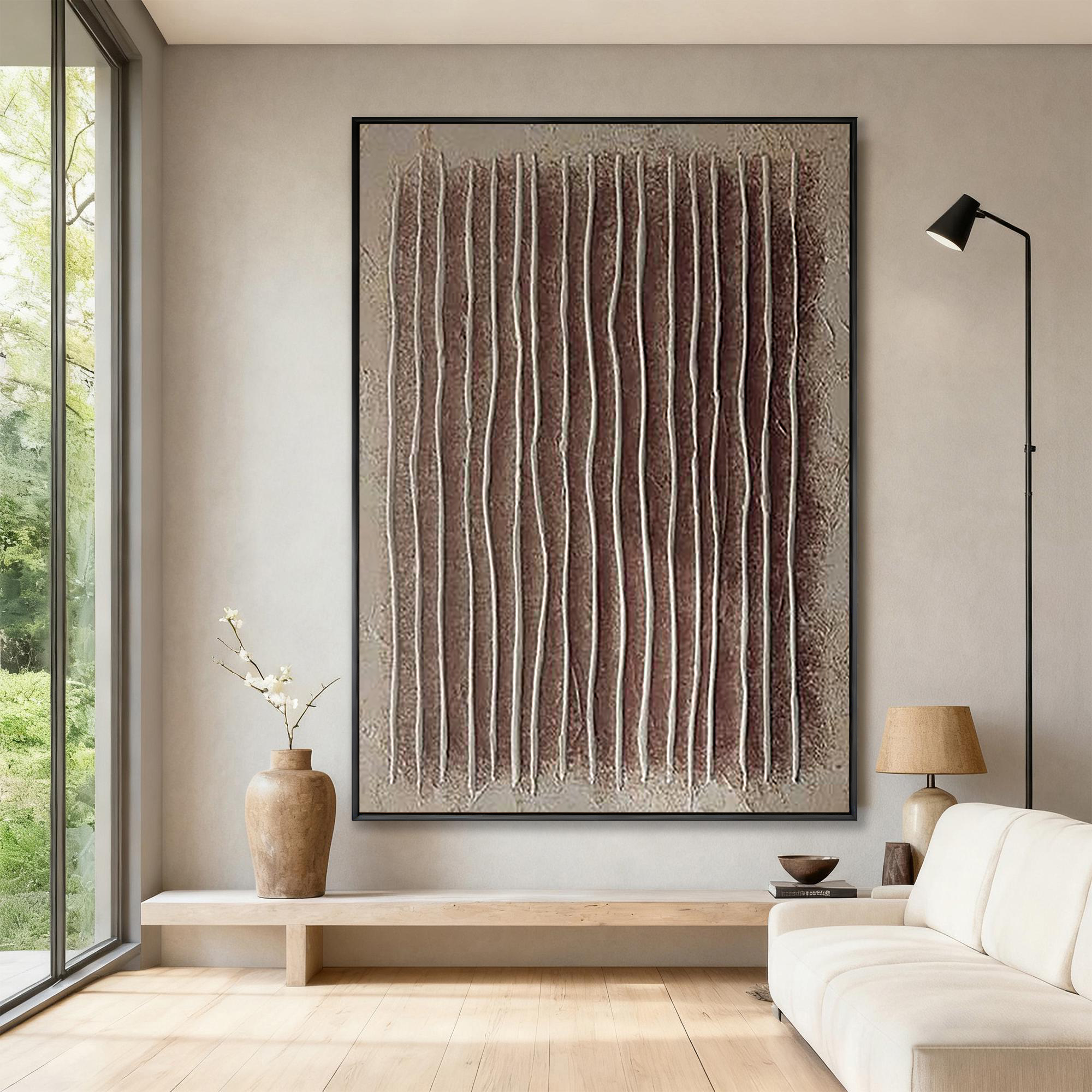Vertical Echo – Hand-Painted Earthy Red and Beige Line Plaster Effect Wabi-Sabi Painting | Japandi Organic Wabi-Sabi Living Room & Hallway Art