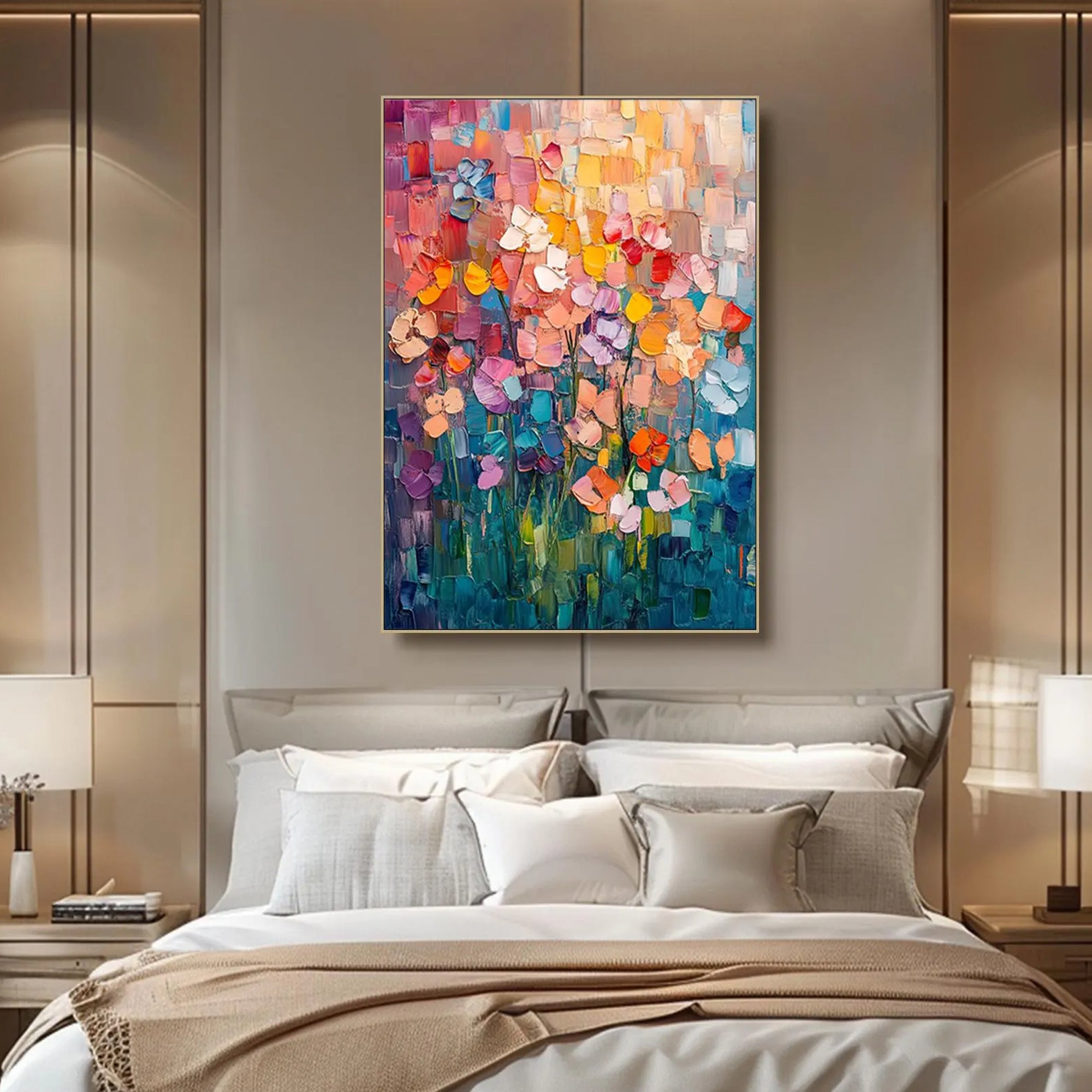 Vibrant Meadow – Hand-Painted Multicolored Rainbow Palette Knife Floral Painting | Vibrant Botanical Living Room & Dining Room Art