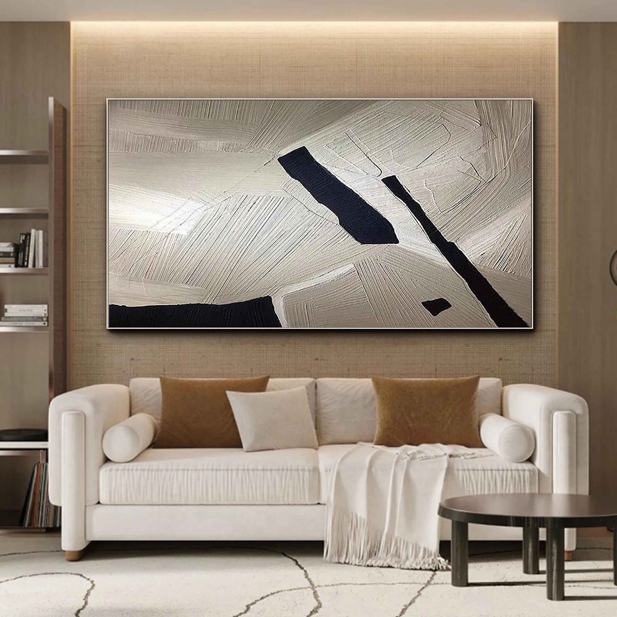 URBAN STRUCTURE: Panoramic 3D Heavy Texture Abstract Wall Art, Modern Black & Sand Plaster Relief