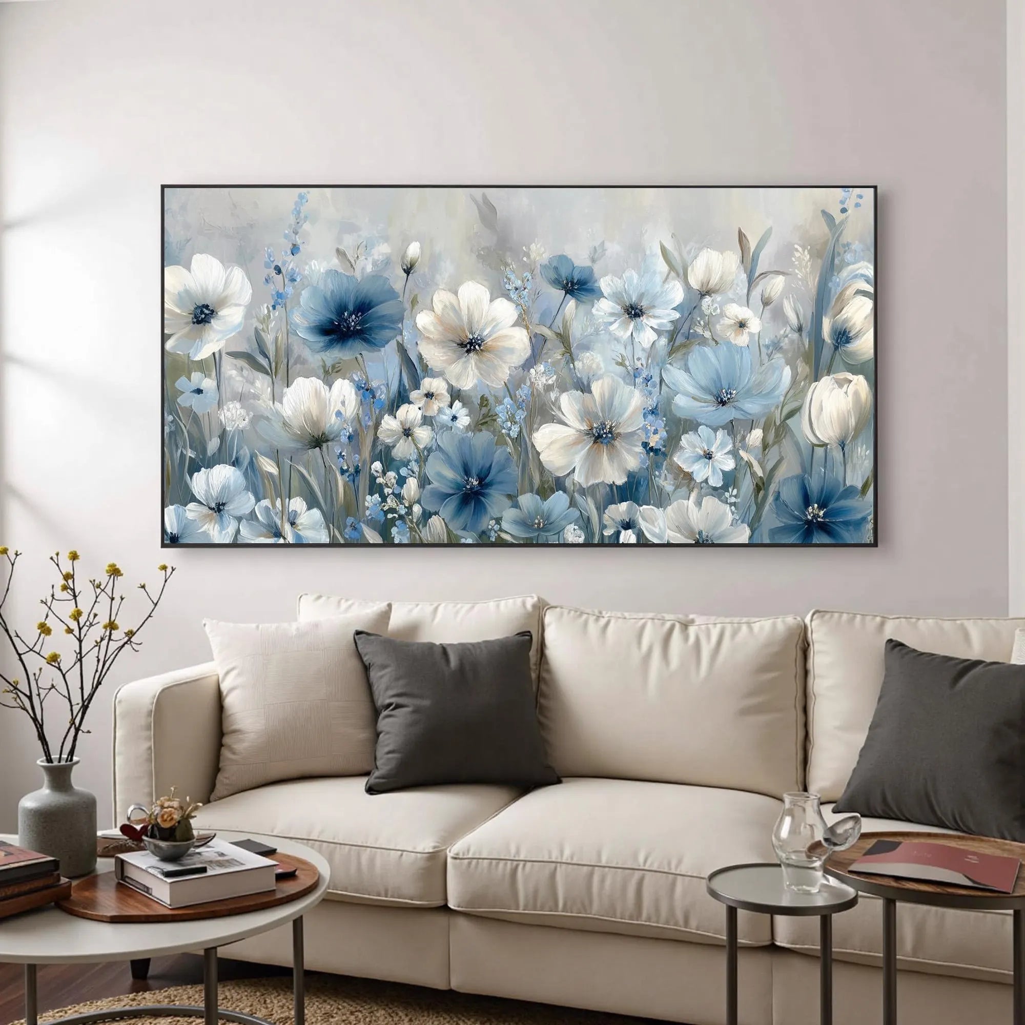 COASTAL BLOOM: Panoramic 3D Heavy Texture Botanical Wall Art, Soft Blue & White Floral Relief