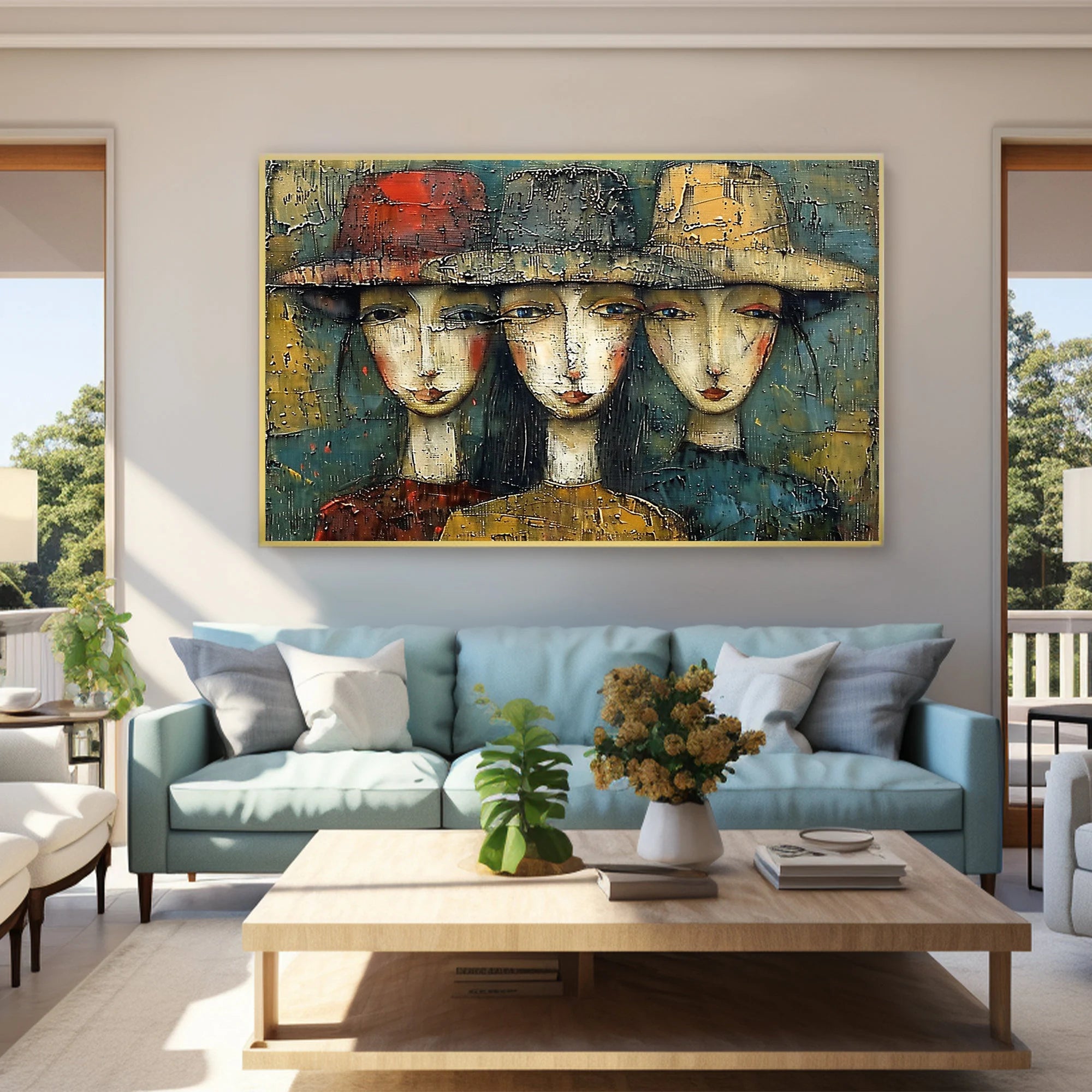 Sisterhood Chic – Hand-Painted Abstract Women with Hats Expressionist Portrait Painting | Contemporary Expressionist Living Room & Office Art