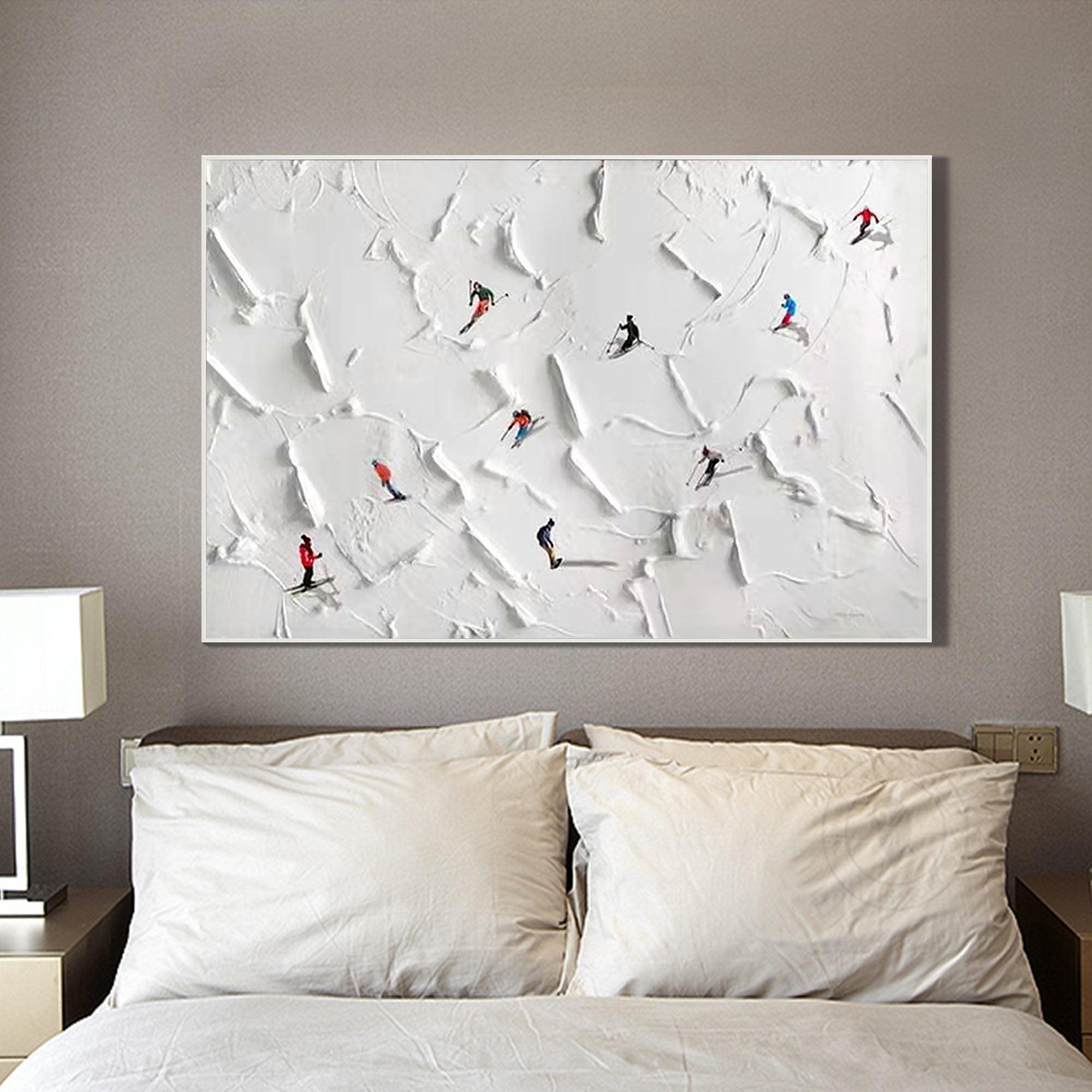 Alps Glide – Hand-Painted Minimalist Skiing Winter Athlete 3D Plaster Effect Sport Painting | Contemporary Sport Home Office & Living Room Art