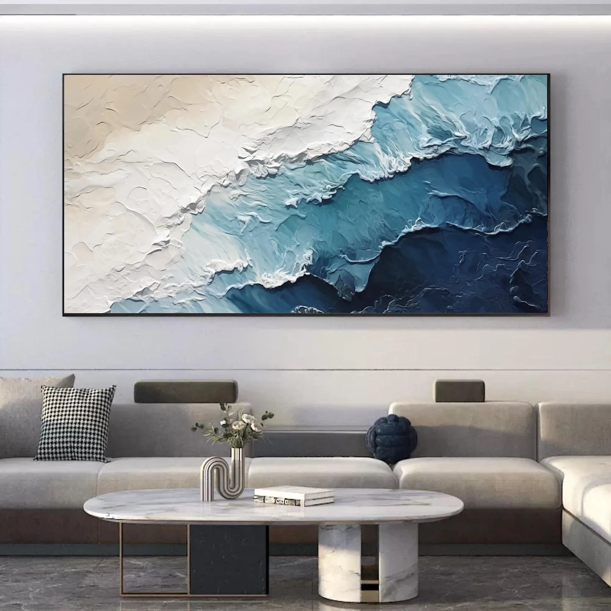 Ocean Strata – Hand-Painted Deep Blue and Cream 3D Impasto Palette Knife Texture Painting | Modern Abstract Living Room & Office Art
