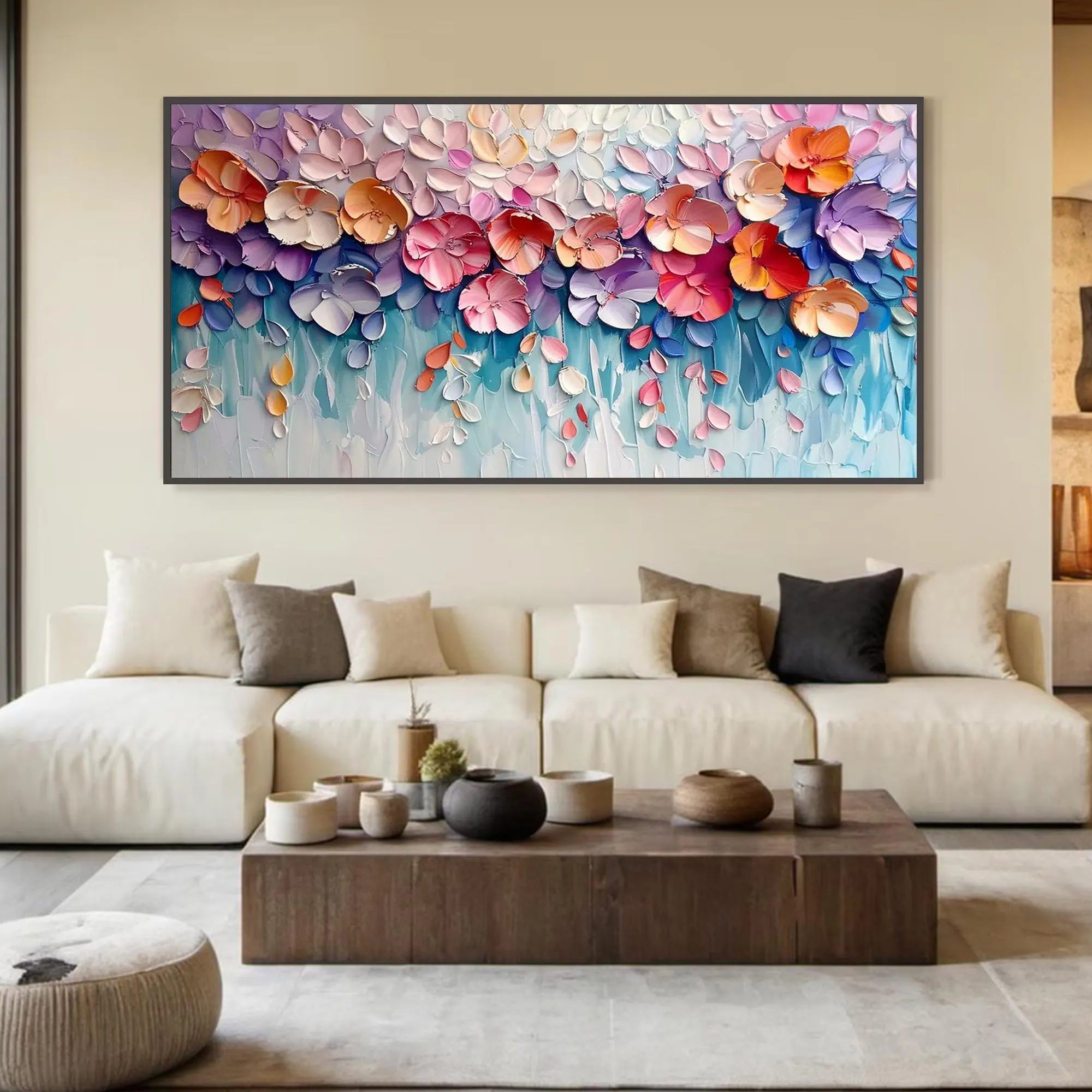Flora’s Reverie – Modern 3D Impasto Pastel Floral Art | Romantic Living Room Horizontal Canvas
