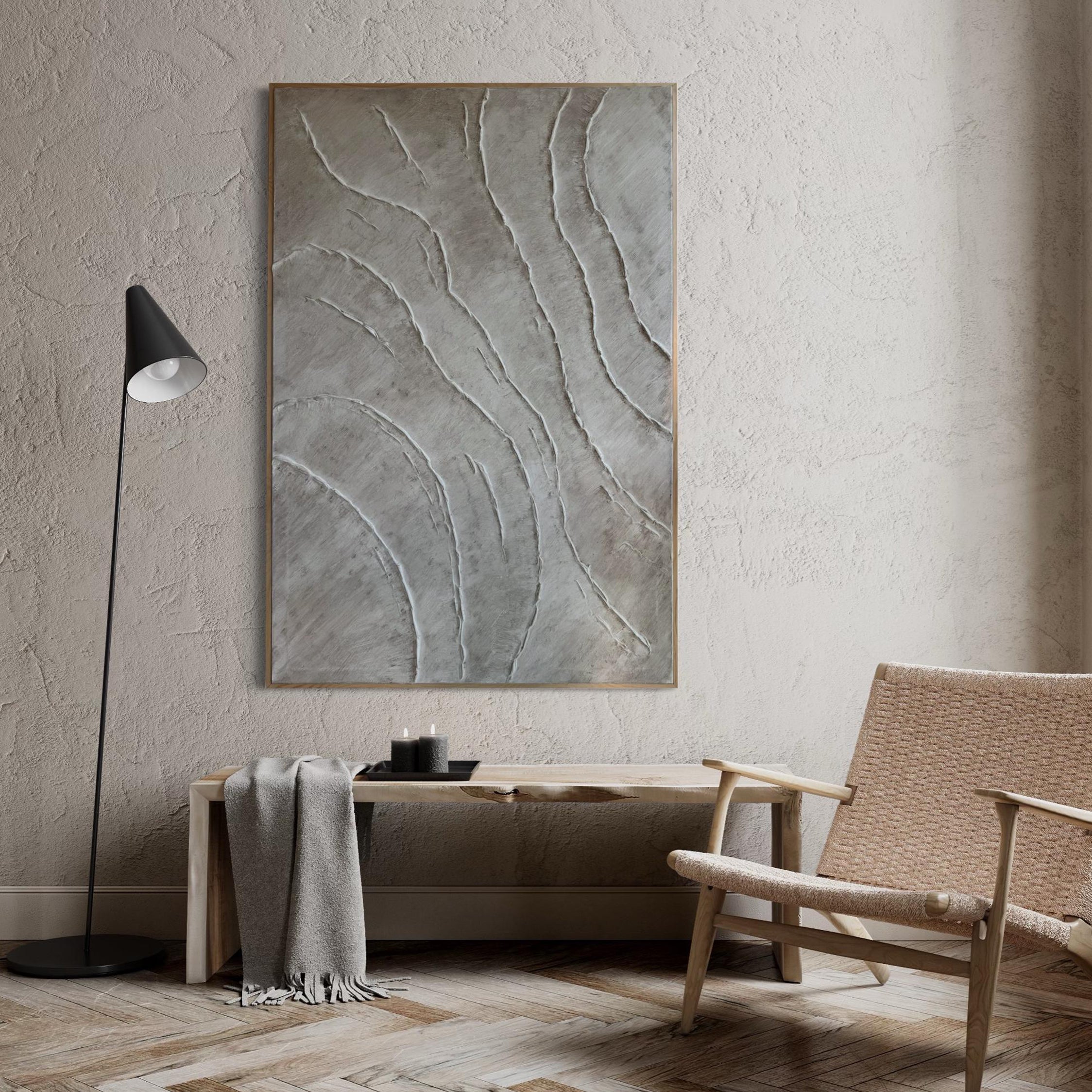 SAND RIPPLE: Wabi-Sabi Wall Art, Hand-Painted Minimalist Beige Plaster Effect Relief 3D Textured Gallery Art