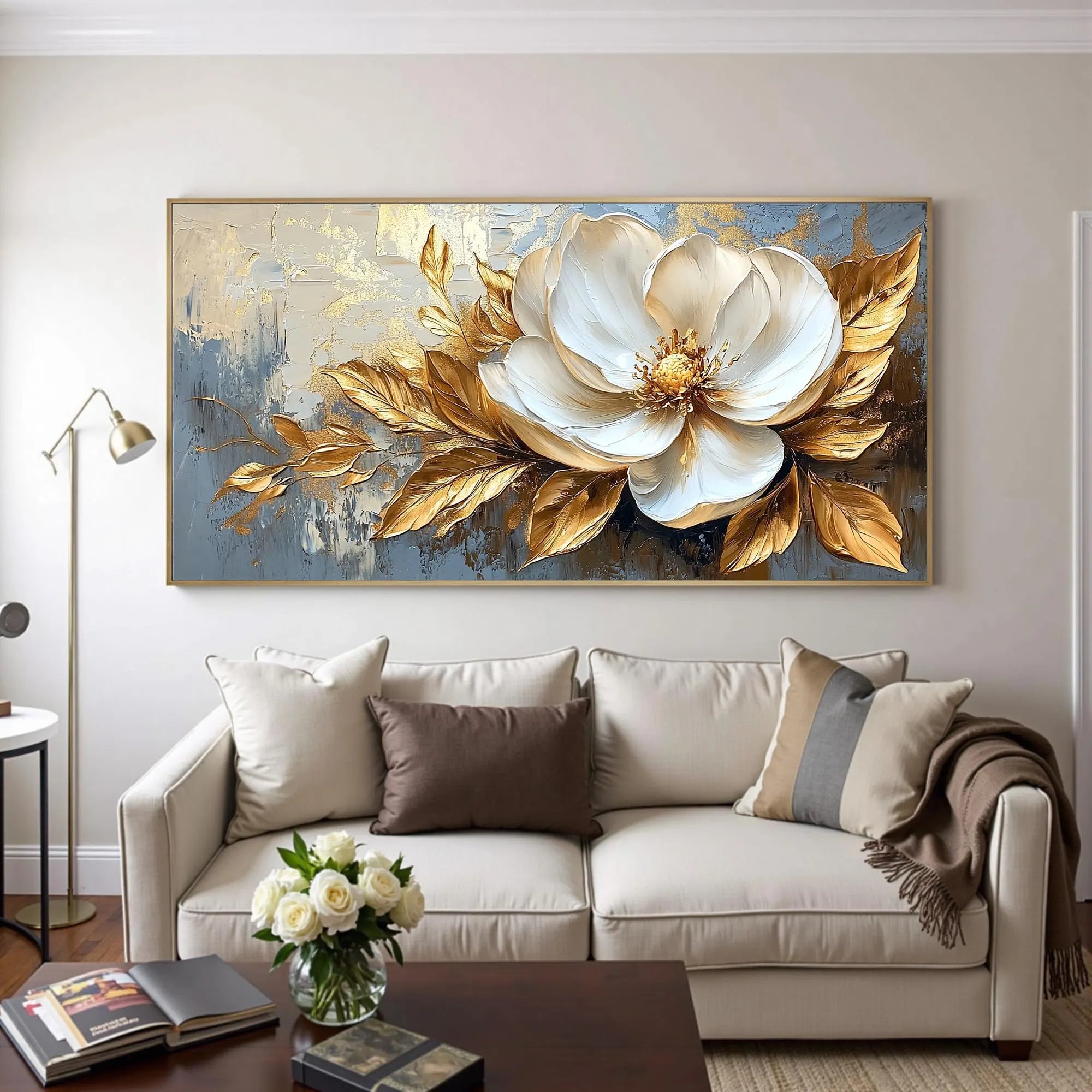 Golden Magnolia – Luxury Gold Leaf 3D Magnolia Hand-Painted Floral Painting | Modern Luxury Botanical Bedroom & Living Room Art